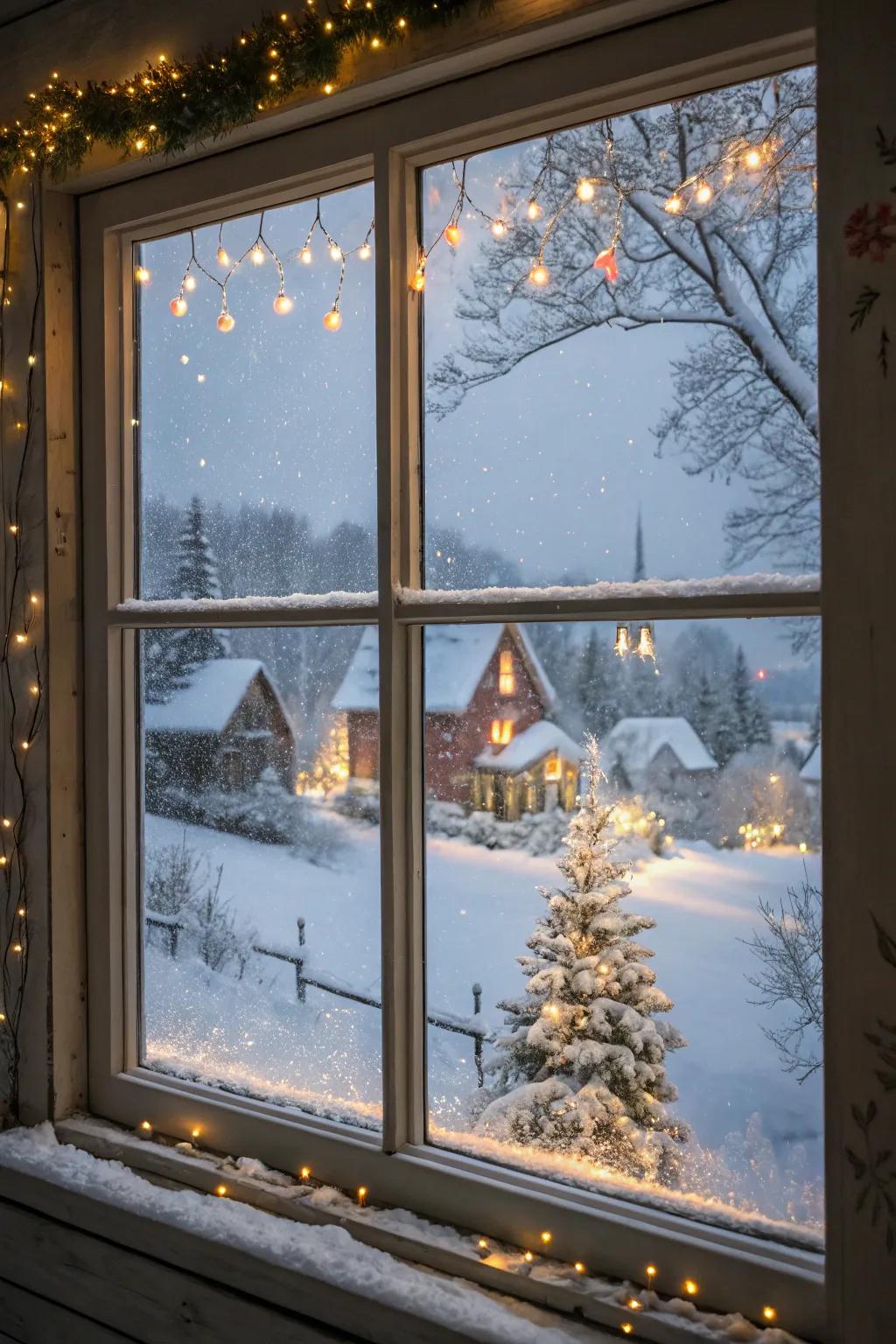 A charming snow-covered village scene brings warmth to your window.