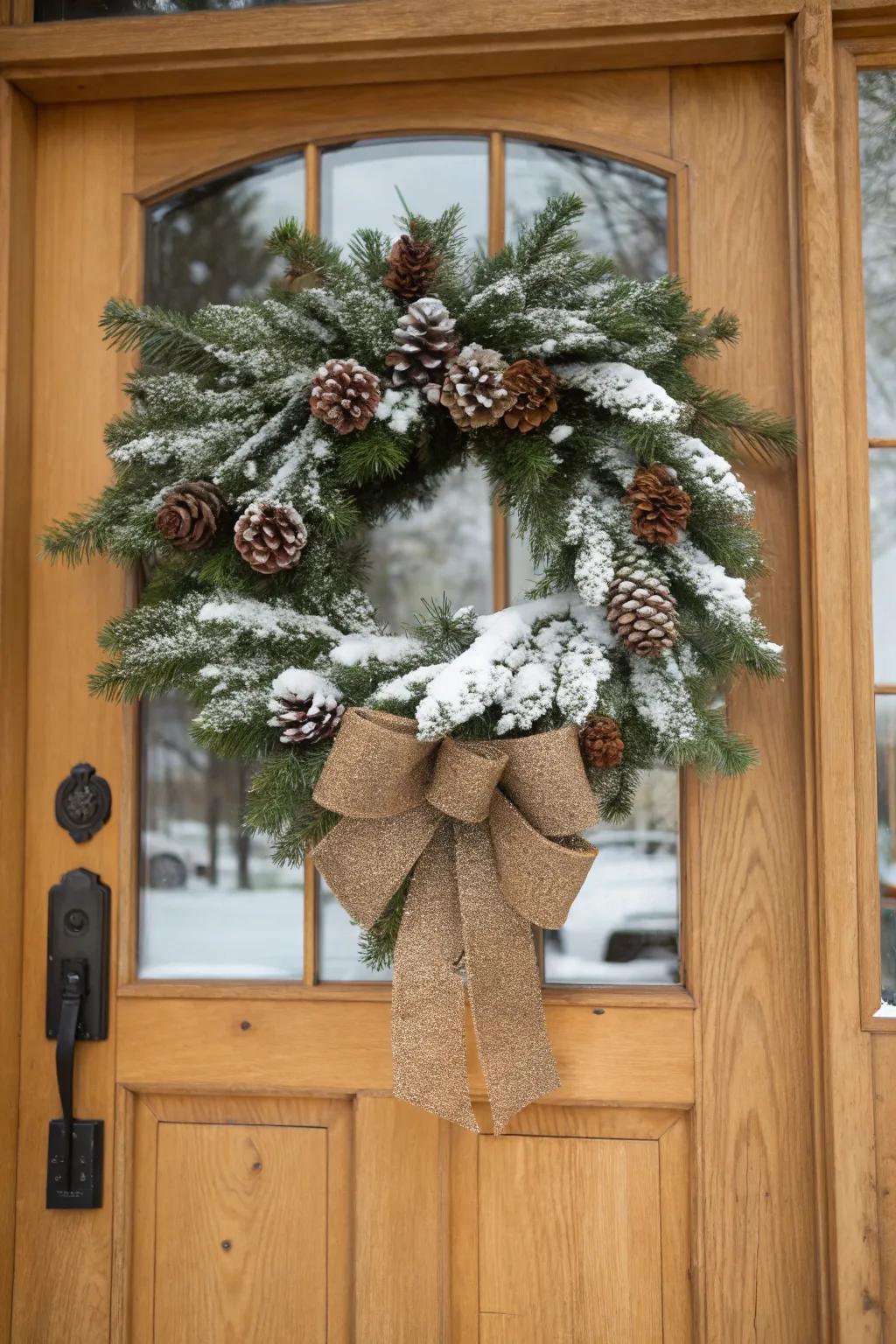 A timeless snowy garland imbues any entryway with allure.