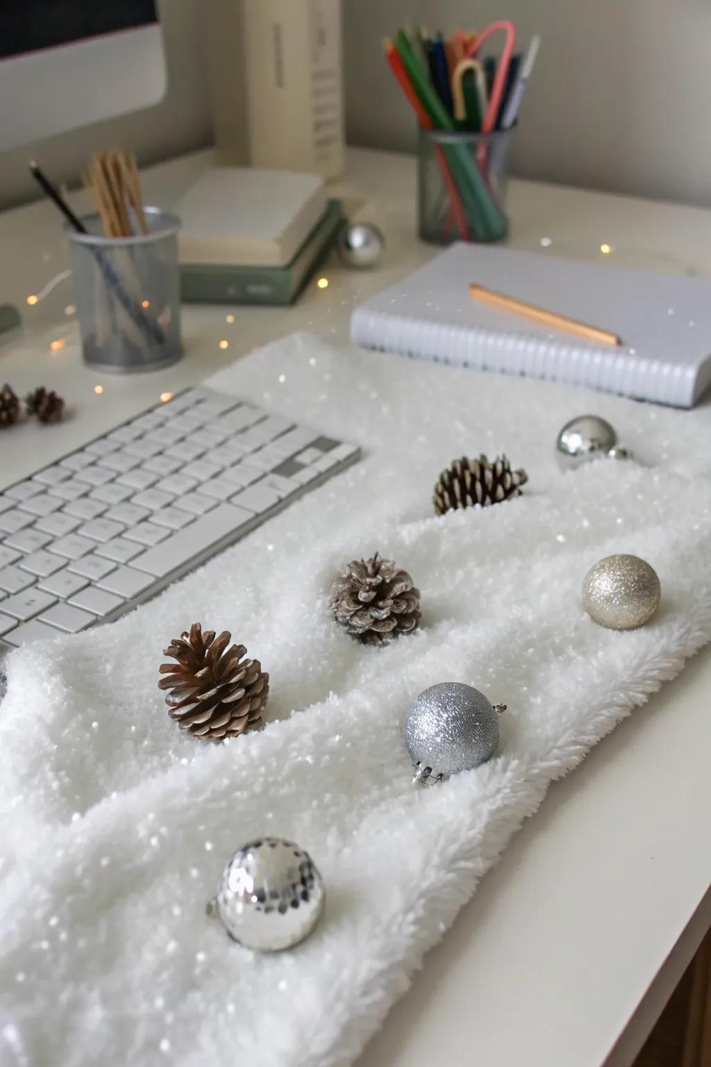 A workstation altered with snowy ornaments to realize a frosty wonderland atmosphere.