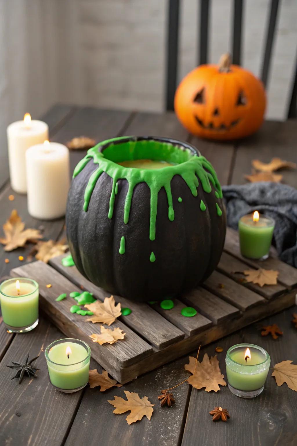 Pumpkin cauldron with swirling emerald foam effect.
