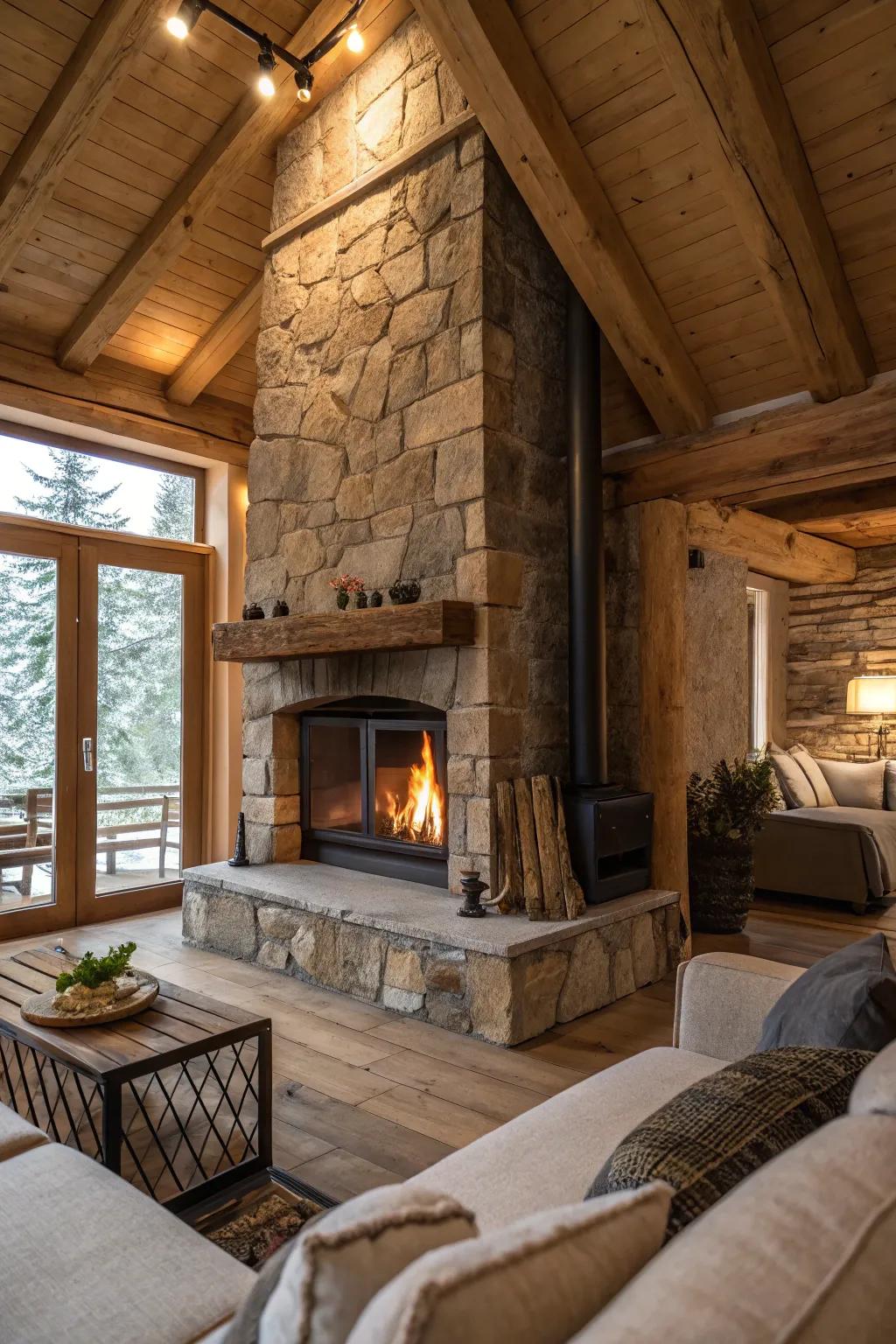 A rustic stone ambiance evokes a natural, cozy feeling.