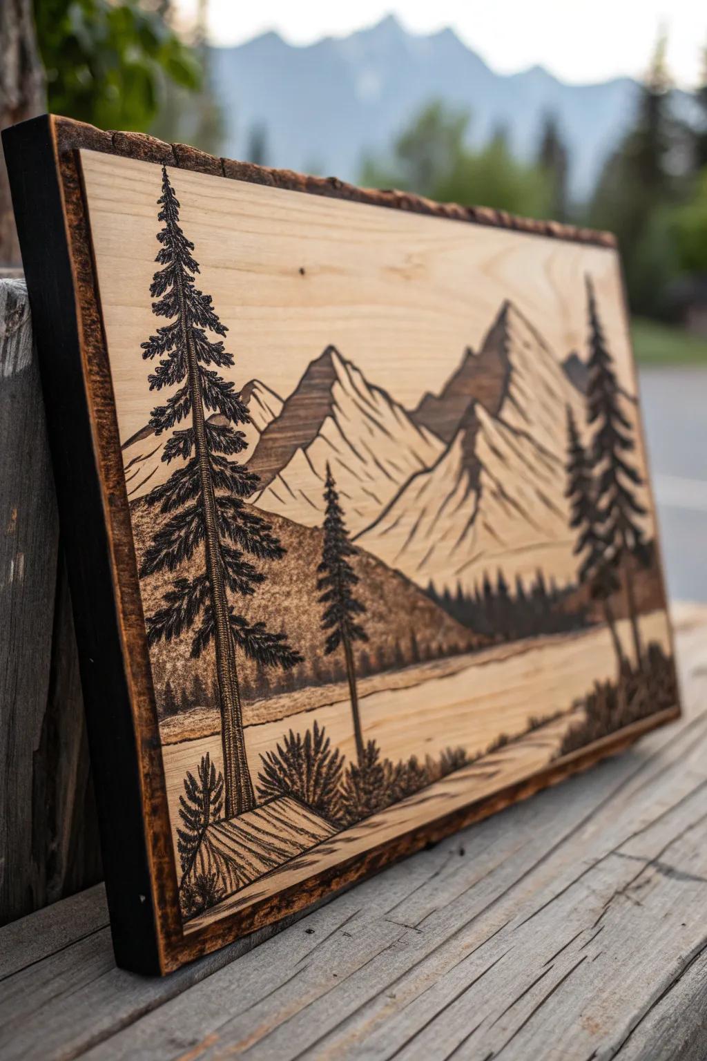 Lose yourself in the art of pyrography with this stunning mountain landscape.