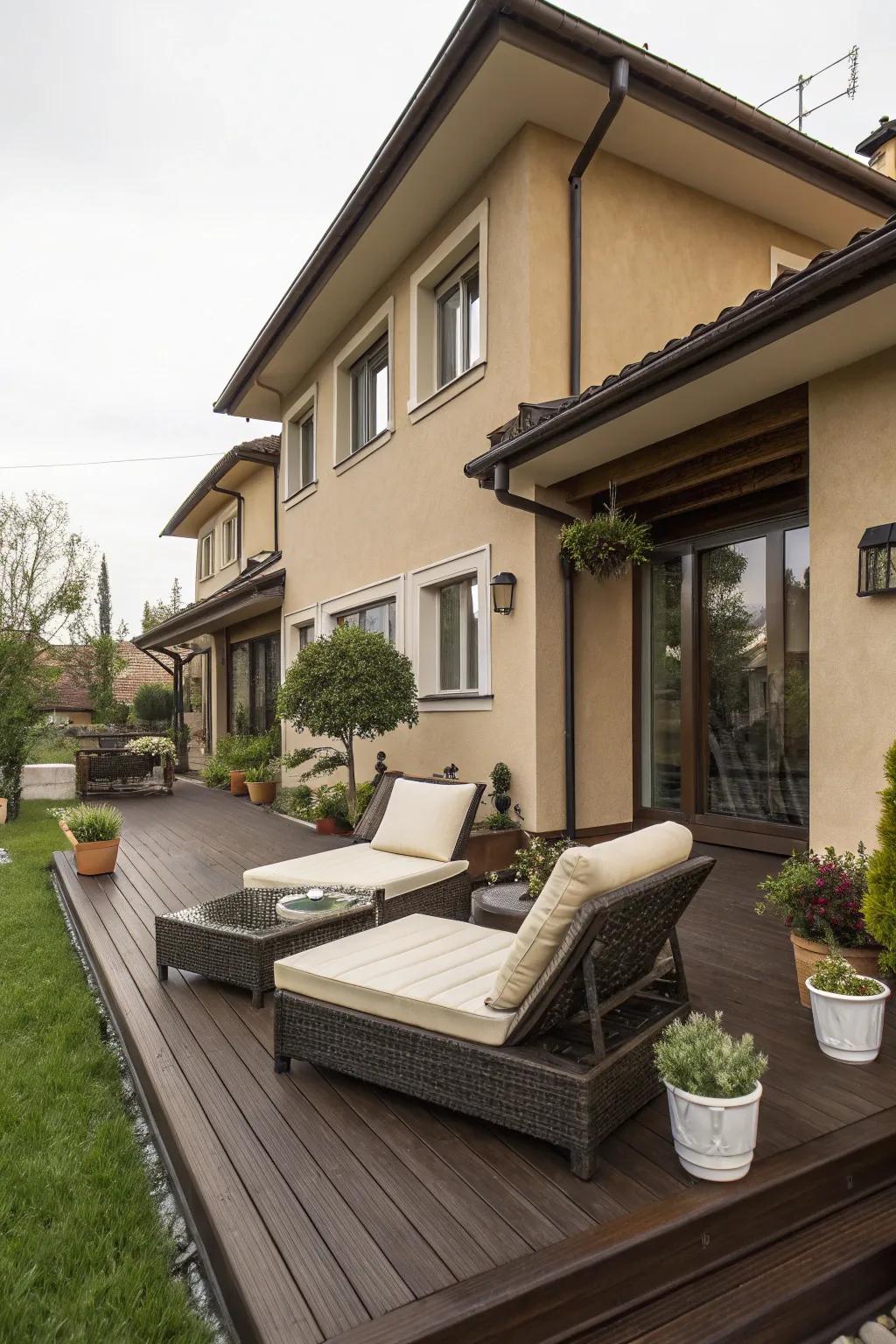 A dark brown deck introduces a dash of ageless refinement to a beige house, ideal for upscale al fresco festivities.