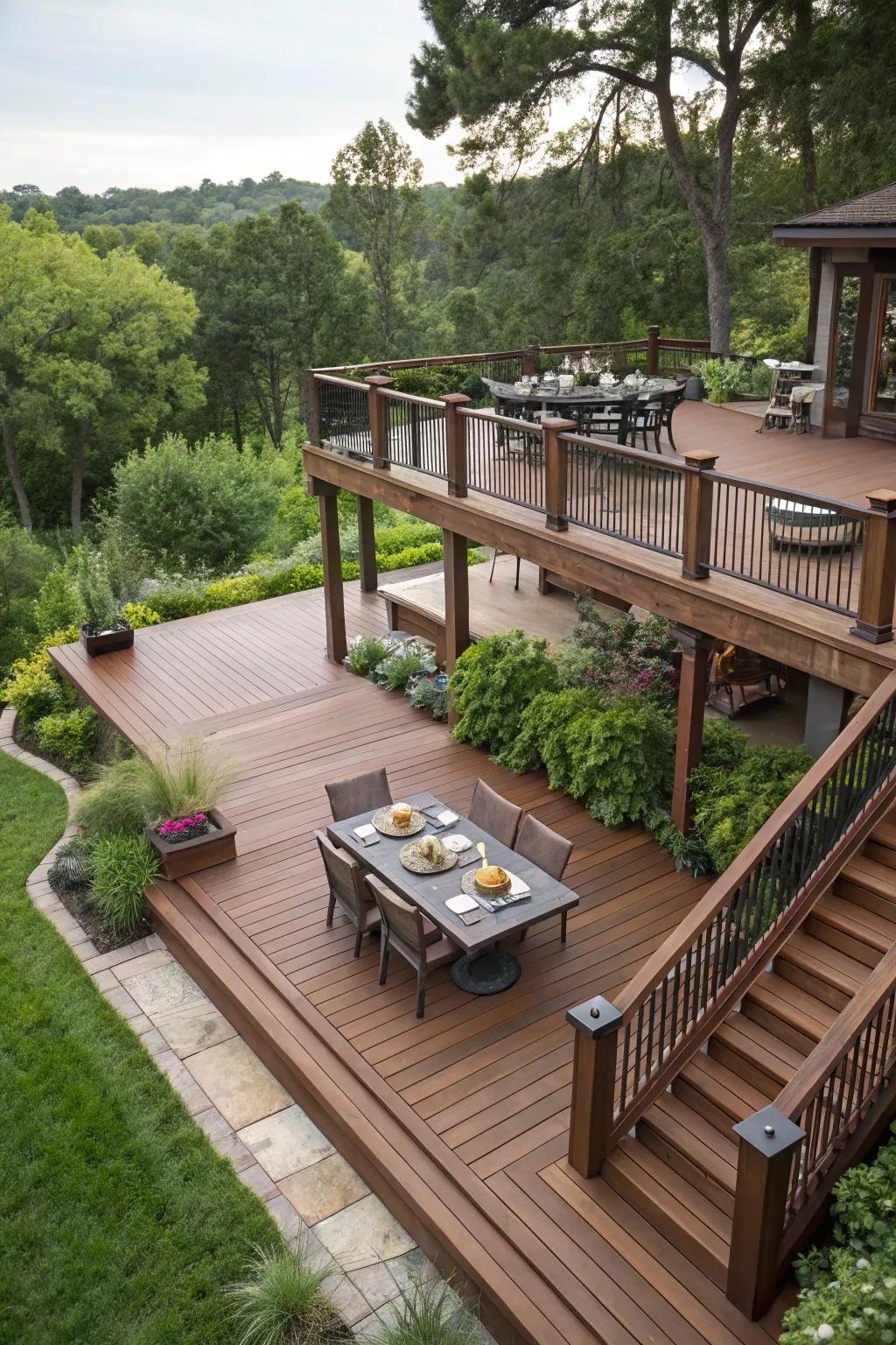 This multi-level deck design introduces depth and versatility to any backyard retreat.
