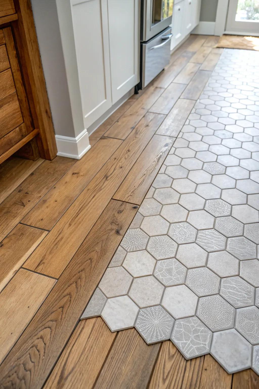 A kitchen showcasing a seamless transition from hexagonal tiles to wooden planks.
