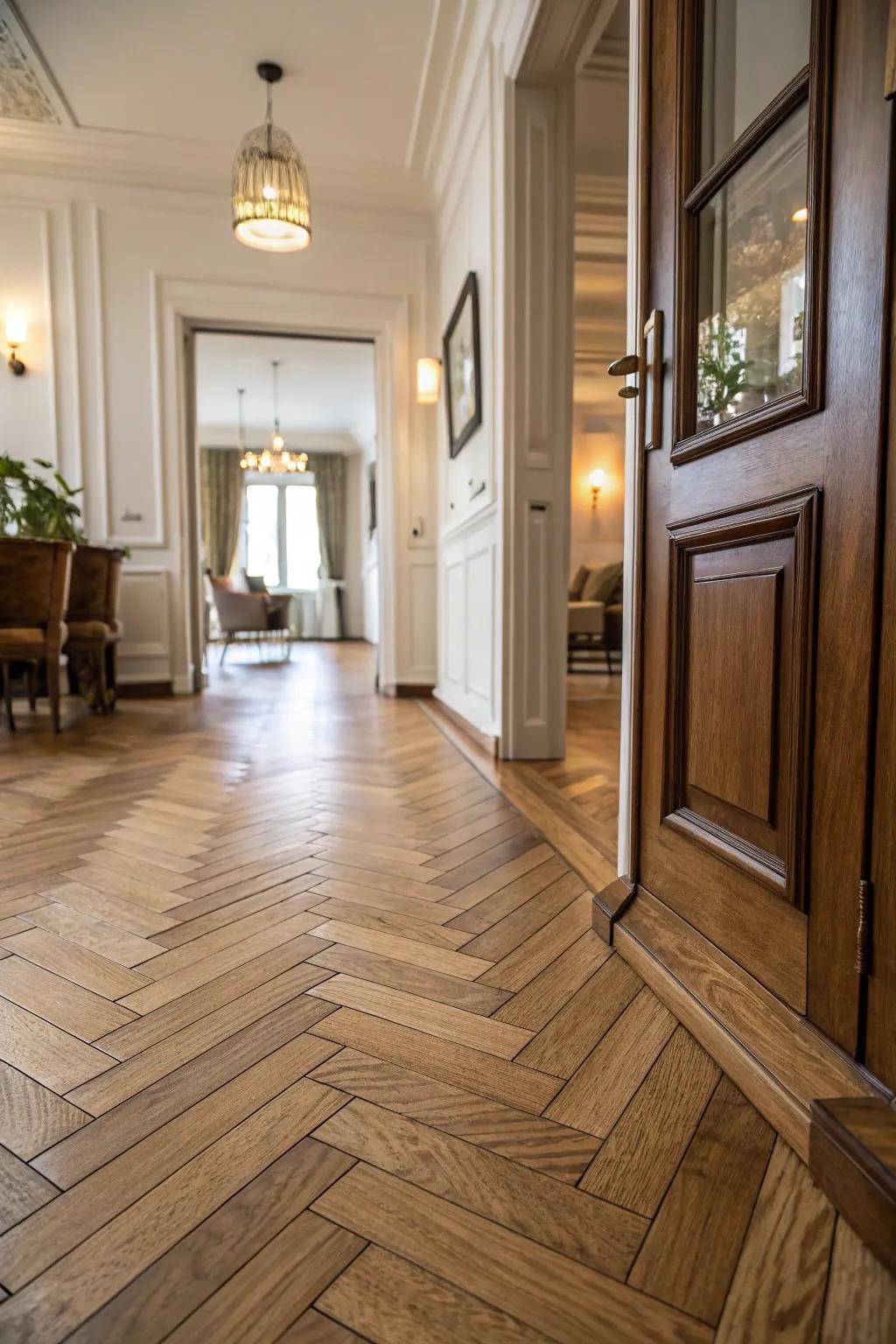 Parquet patterns create an impeccable and stylish bridge between different flooring types.