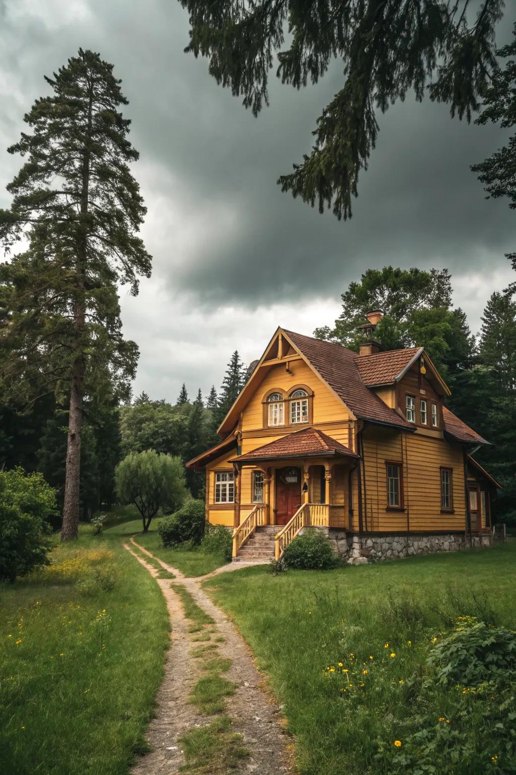 A wood-clad home adorned in warm, earthy colors, creating an inviting and comforting atmosphere.