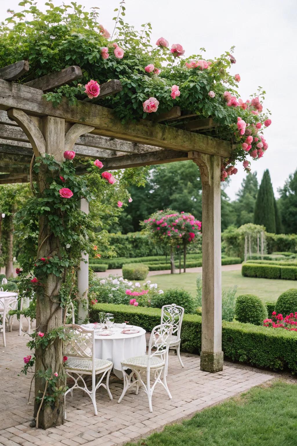 A timeless wooden pergola adorned with blooming roses.