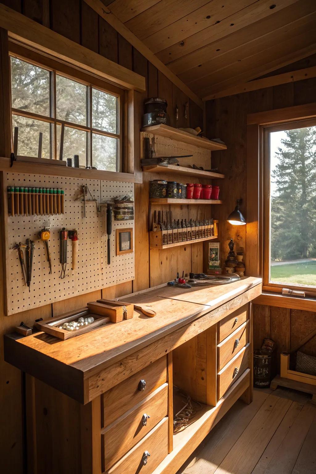 Bask in the cozy warmth of a sunlit corner crafting space, where the art of woodworking meets boundless inspiration.