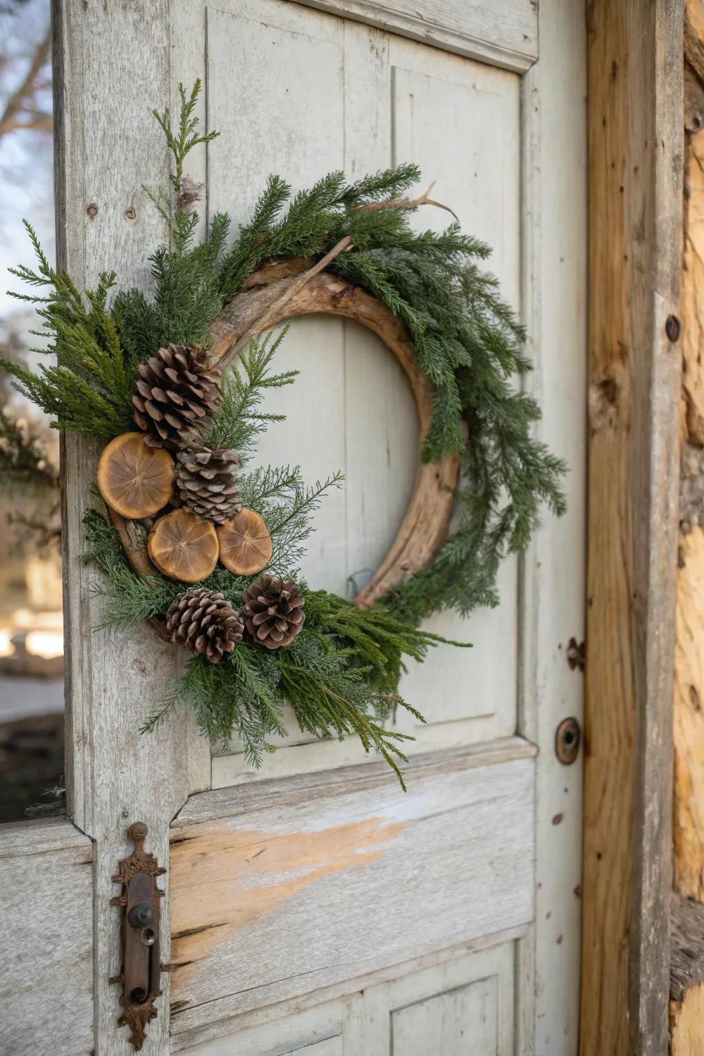 Classic evergreen and timber disc wreath for a timeless appeal.
