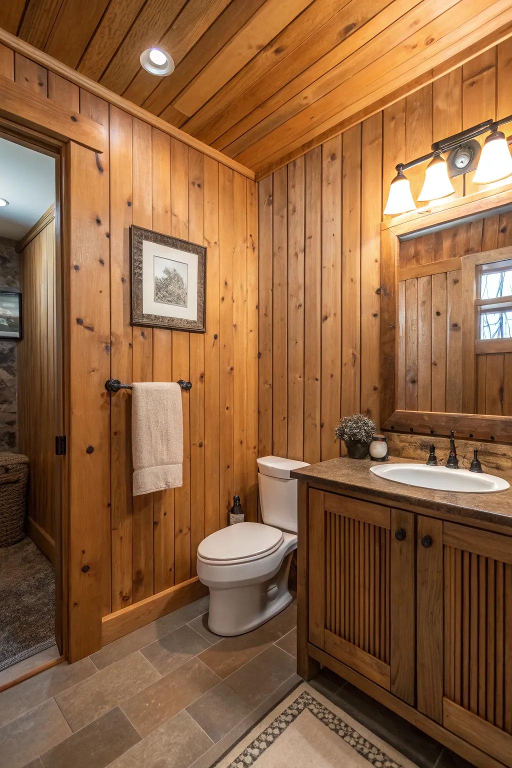 A country-style bathroom showing interlocking wood planks.