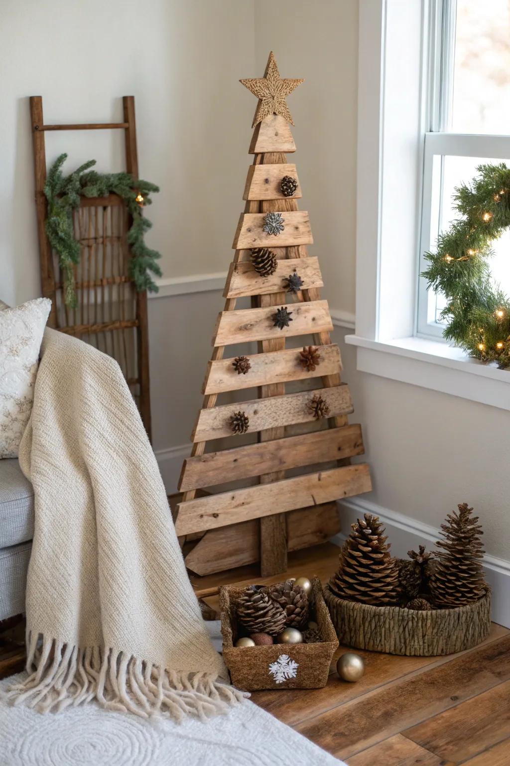 A country-style wooden plank tree nestled perfectly in a snug corner.