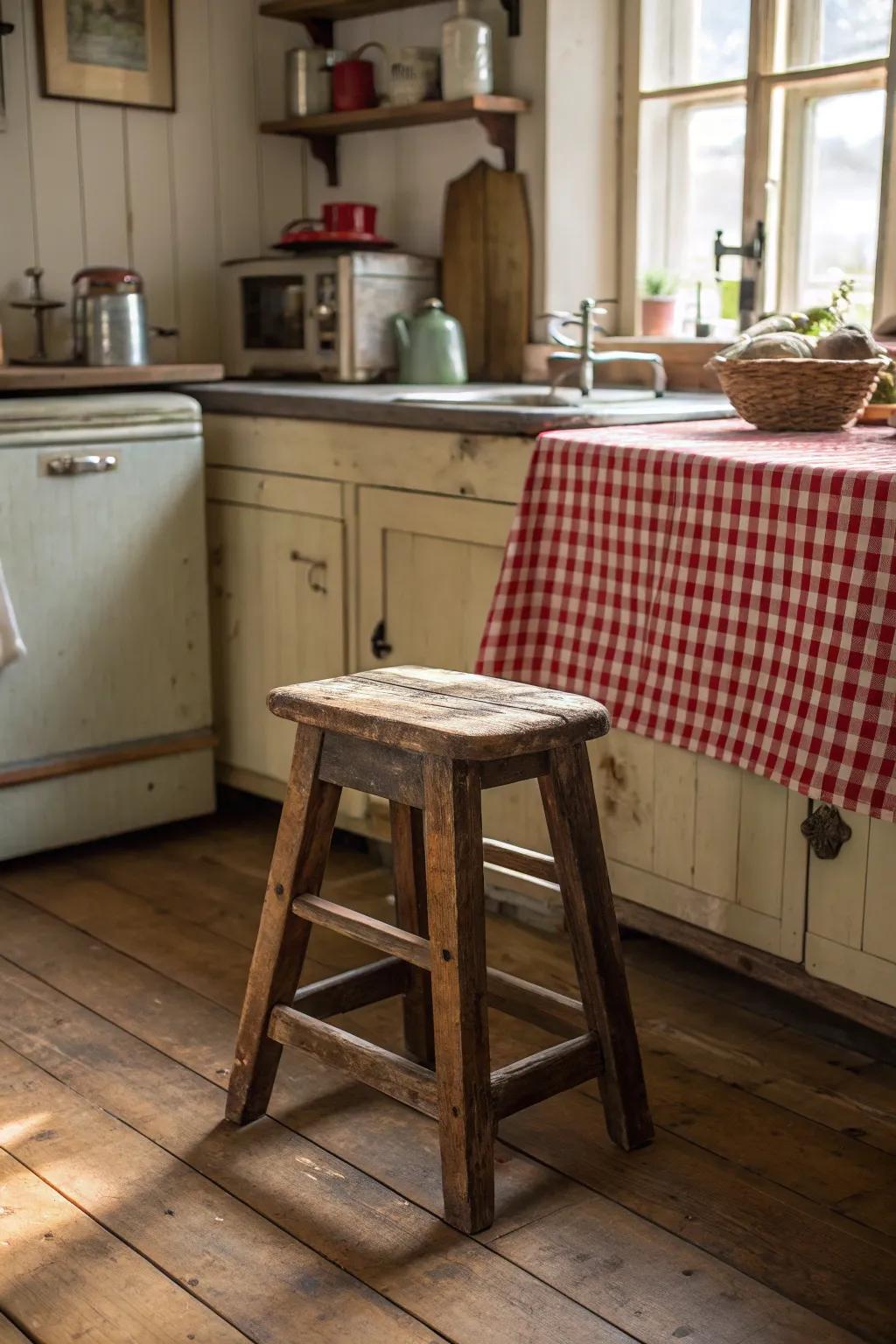 In your kitchen, a rustic wood stool lends farmhouse charm.