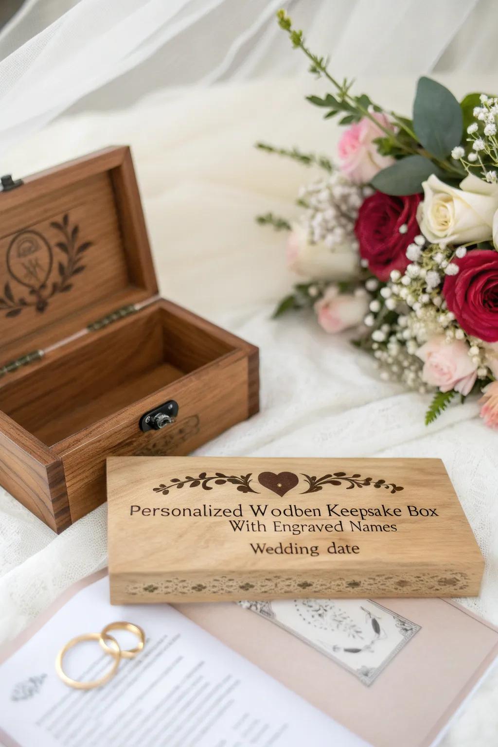 An exquisitely engraved wooden memento chest, ideal for preserving cherished wedding memories.