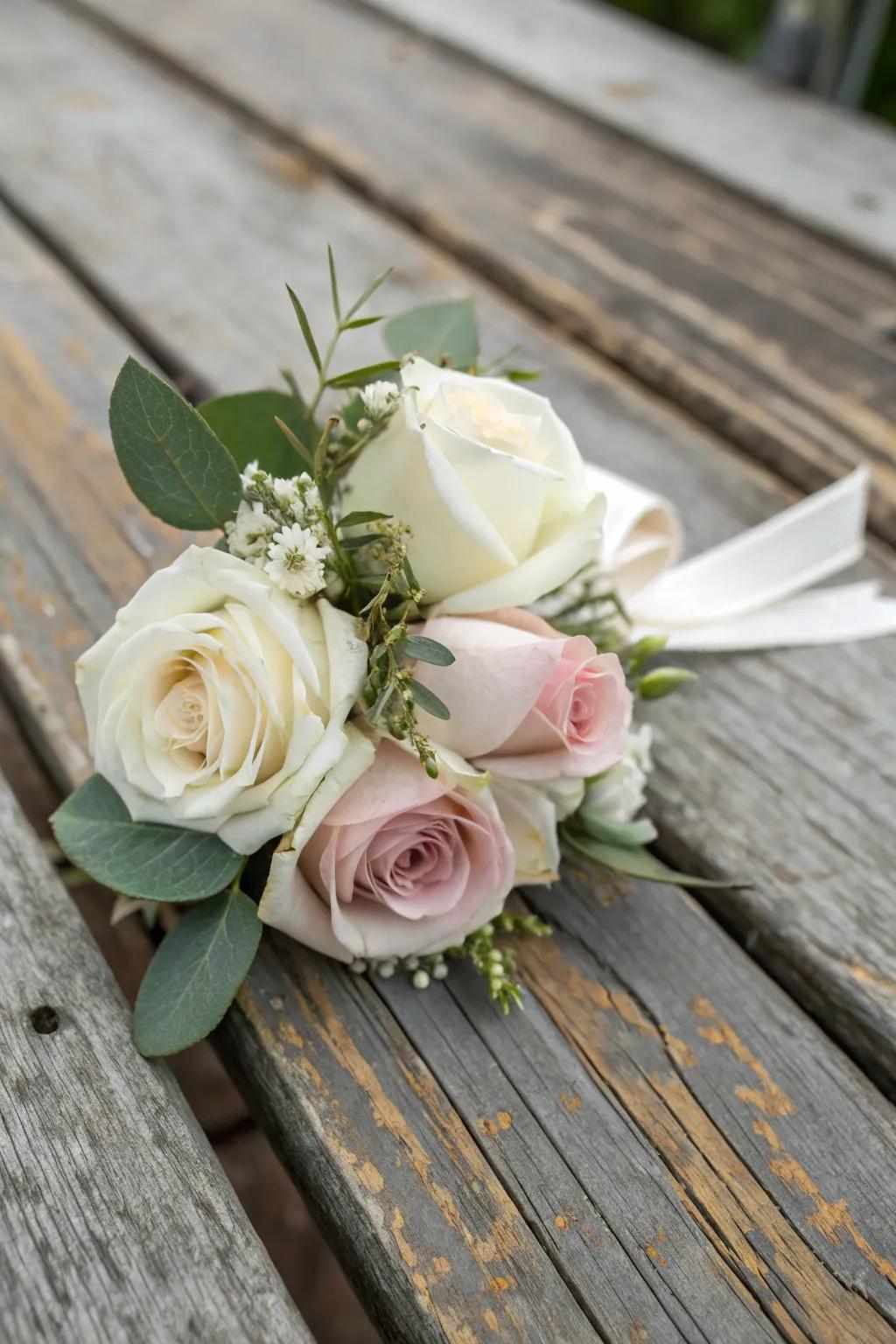 Classic rose wrist adornment featuring white and blush shades.