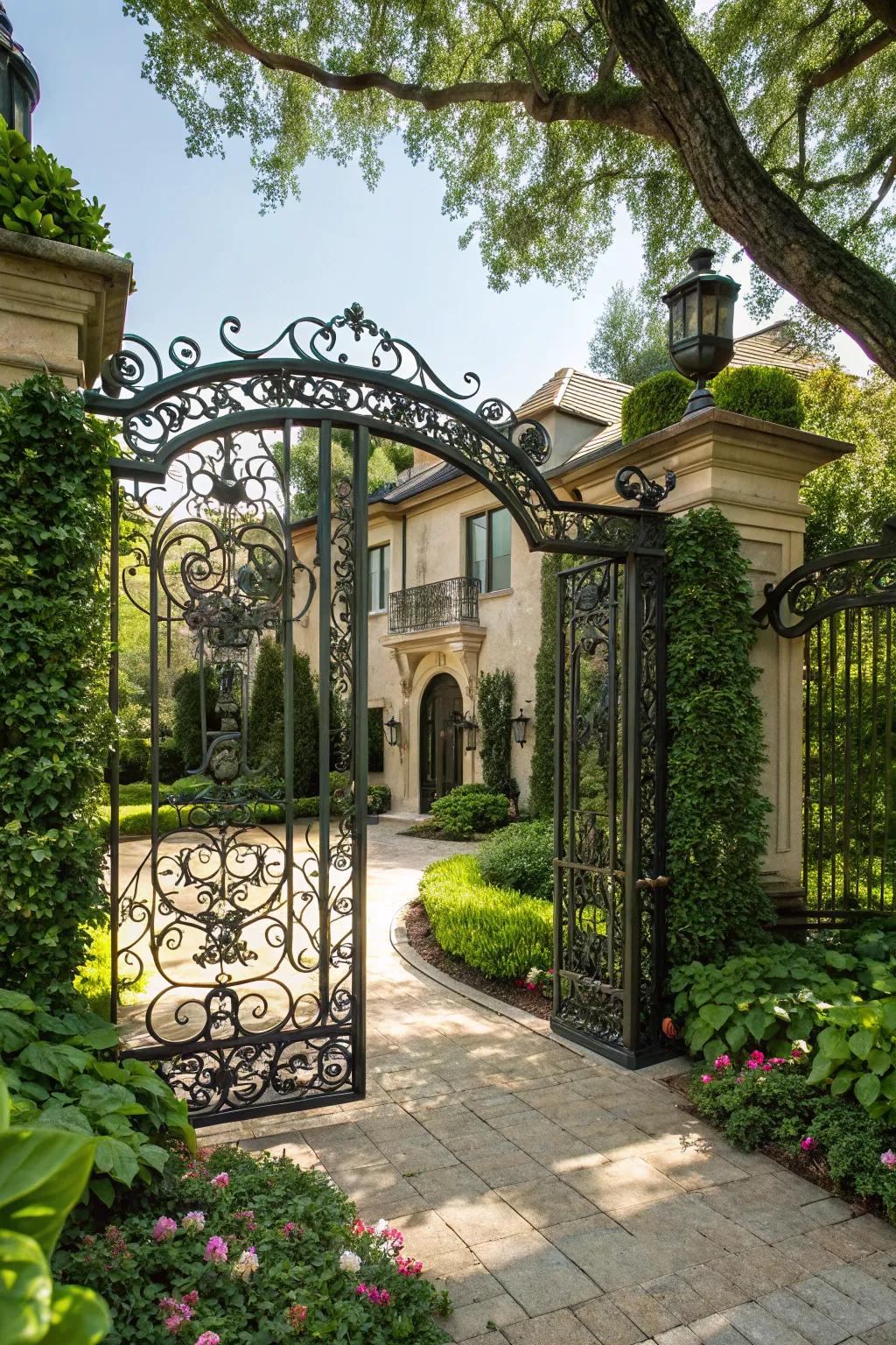 A forged iron gate establishes a majestic welcome to your home.
