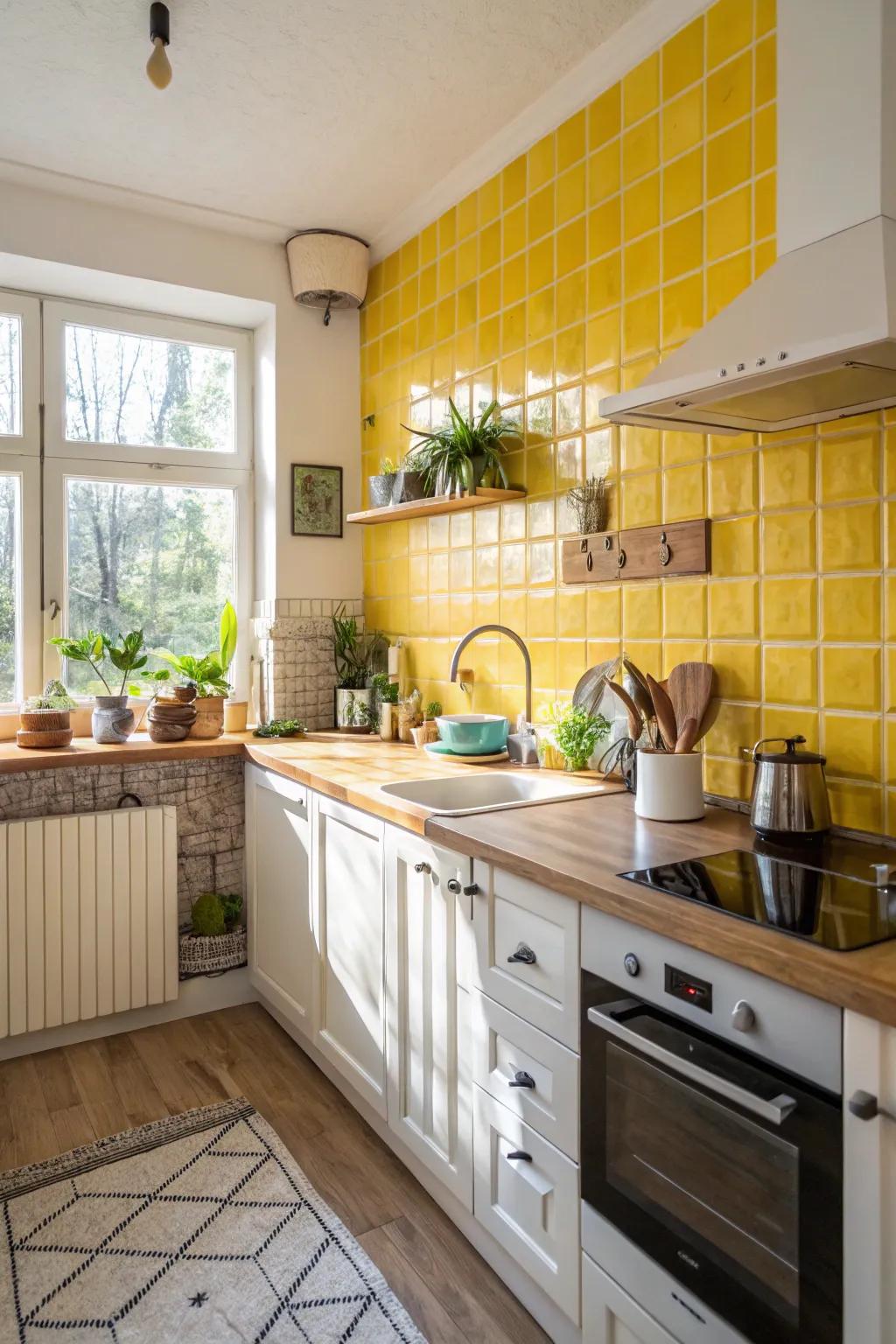 Striking goldenrod tiles create an uplifting atmosphere in this contemporary cooking space.
