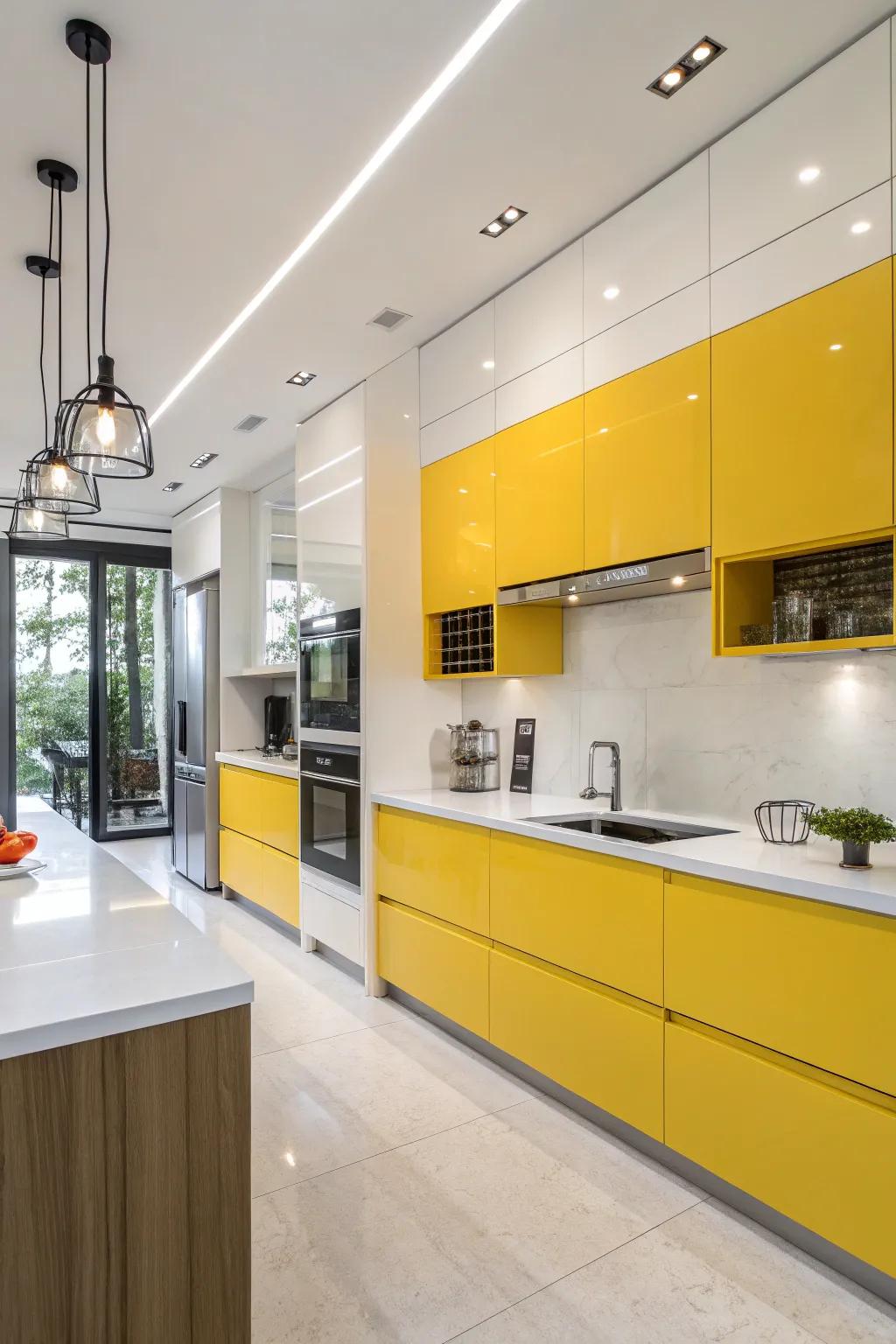 Striking canary cabinets serve as an impressive centerpiece in any kitchen setting.
