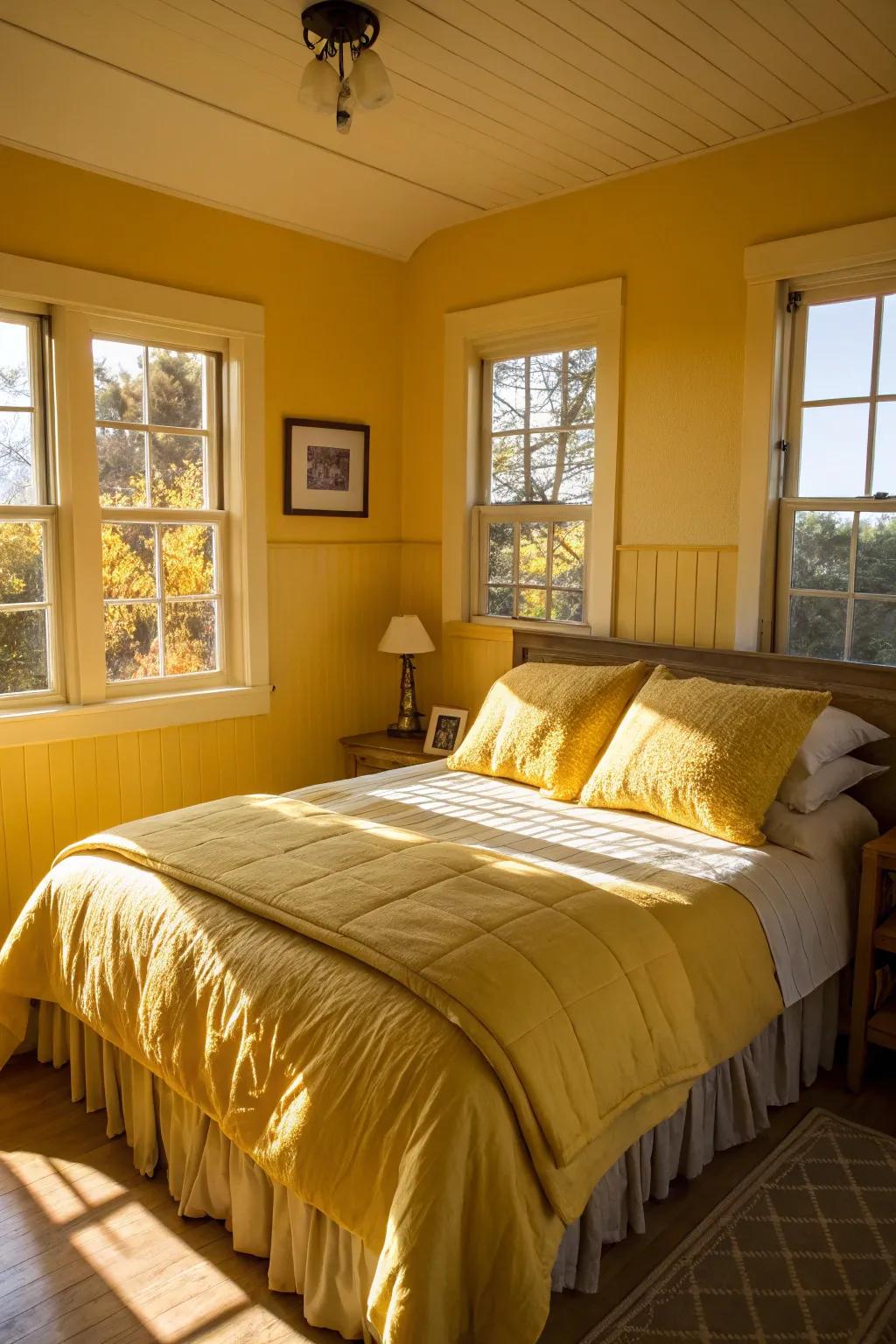 A serene bedroom featuring soft yellow tones.