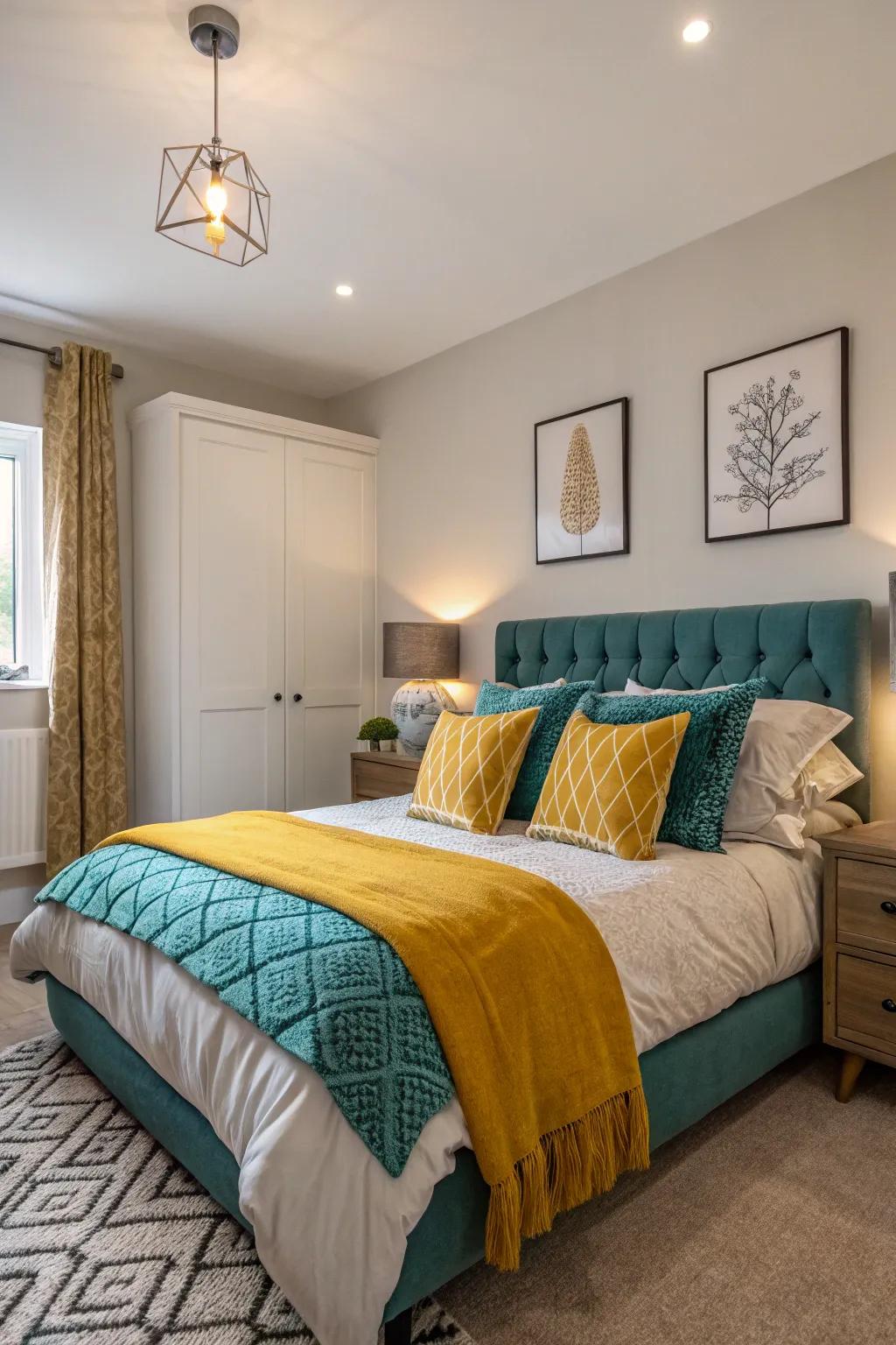 Calm shades paired with vibrant color pops create a dynamic atmosphere.
