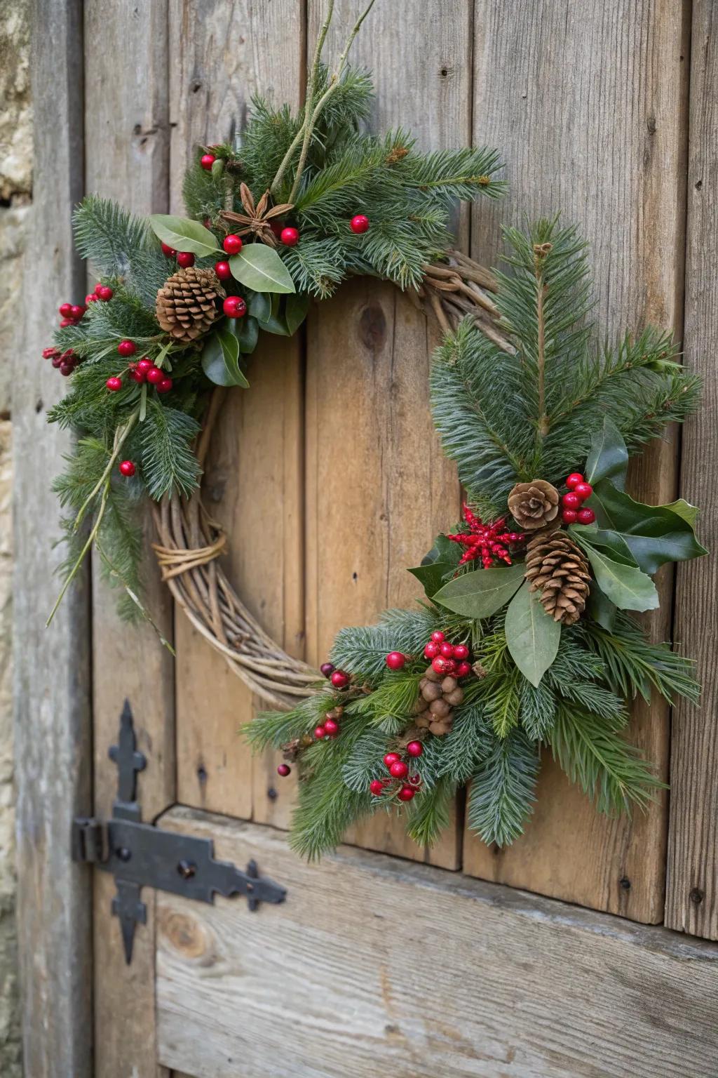 A delightful Yule garland prepared to greet visitors.