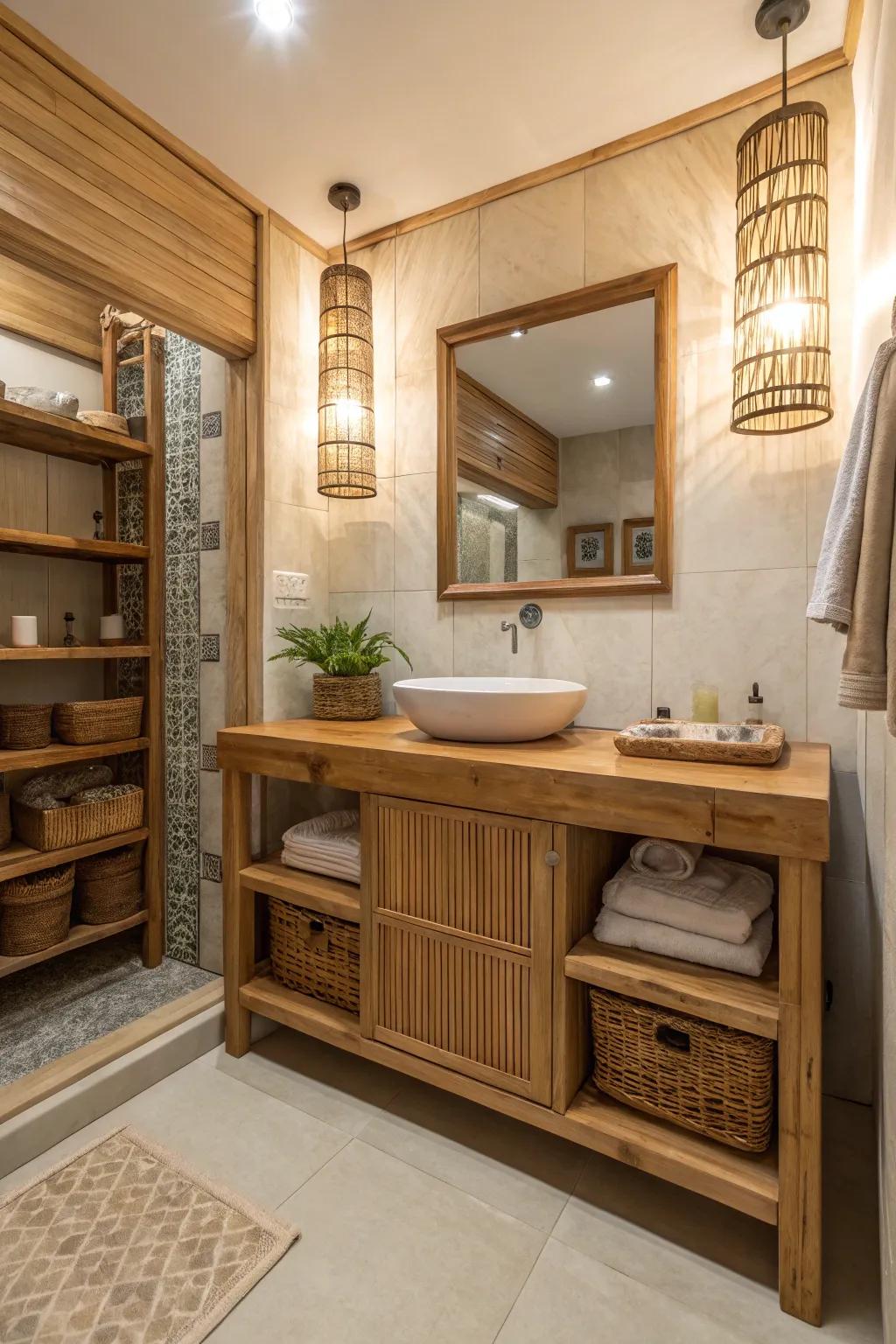 Wood elements bring about a cozy, welcoming zen restroom environment.