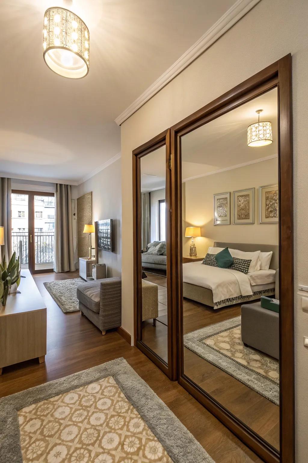 Mirrors bounce light and enhance visual space.