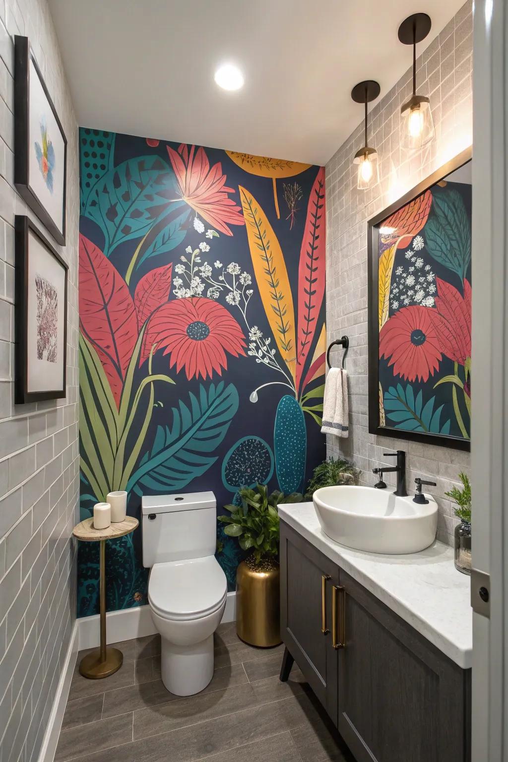 A bold mural makes this half bath a conversation starter.