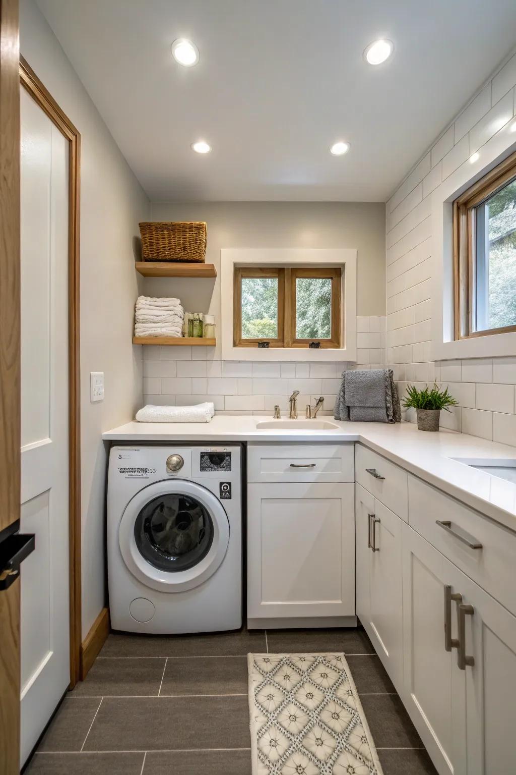A combined laundry area inside the bathroom to make the most of the available space.