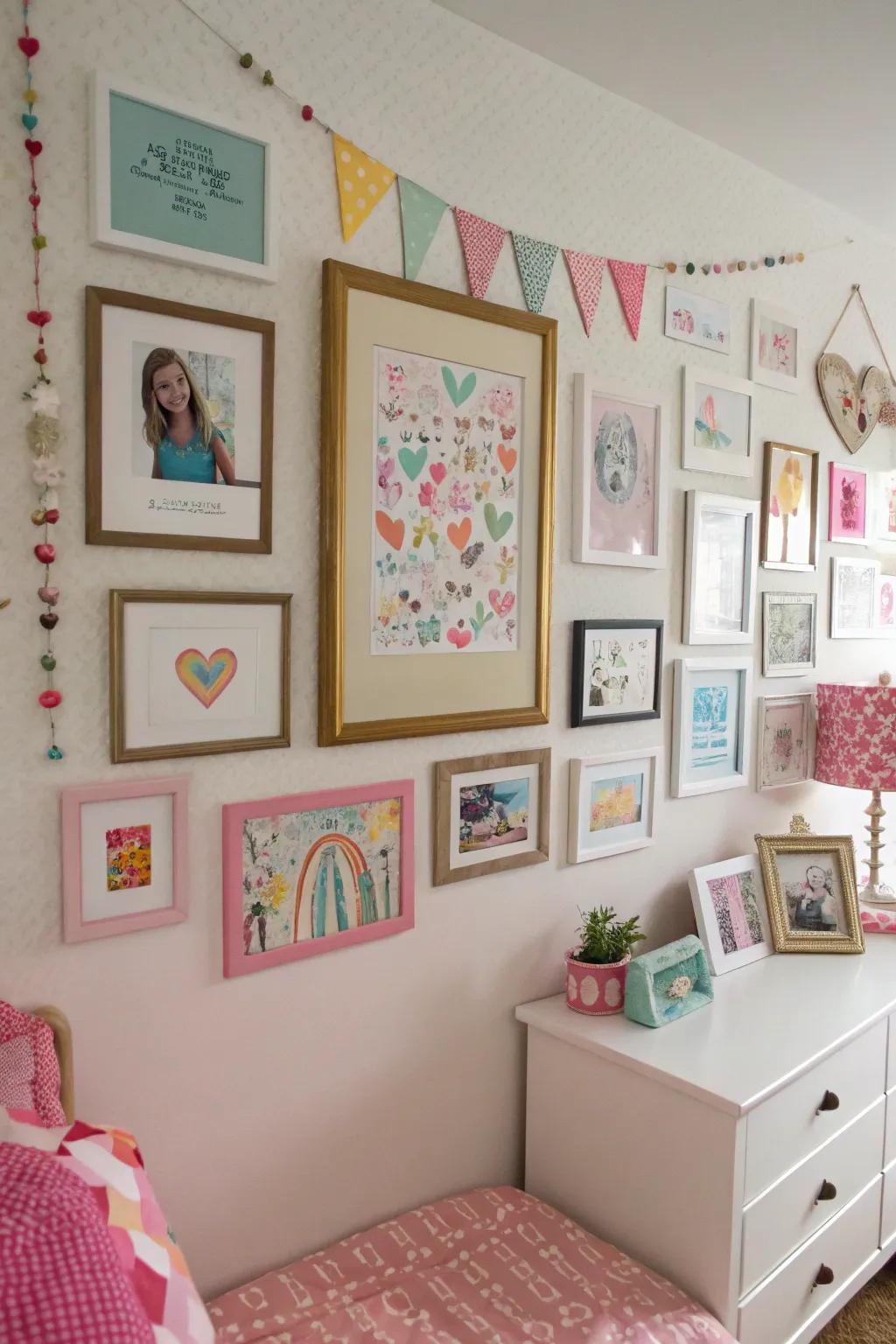 A gallery wall makes the space uniquely hers, filled with memories.