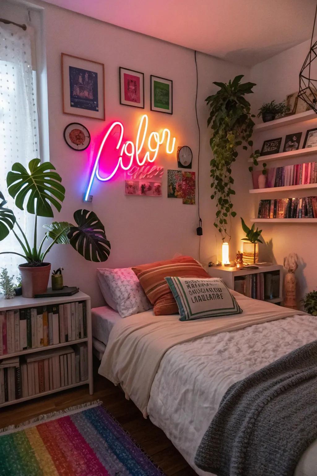 A bold neon sign serves as a statement piece, adding color and personality.