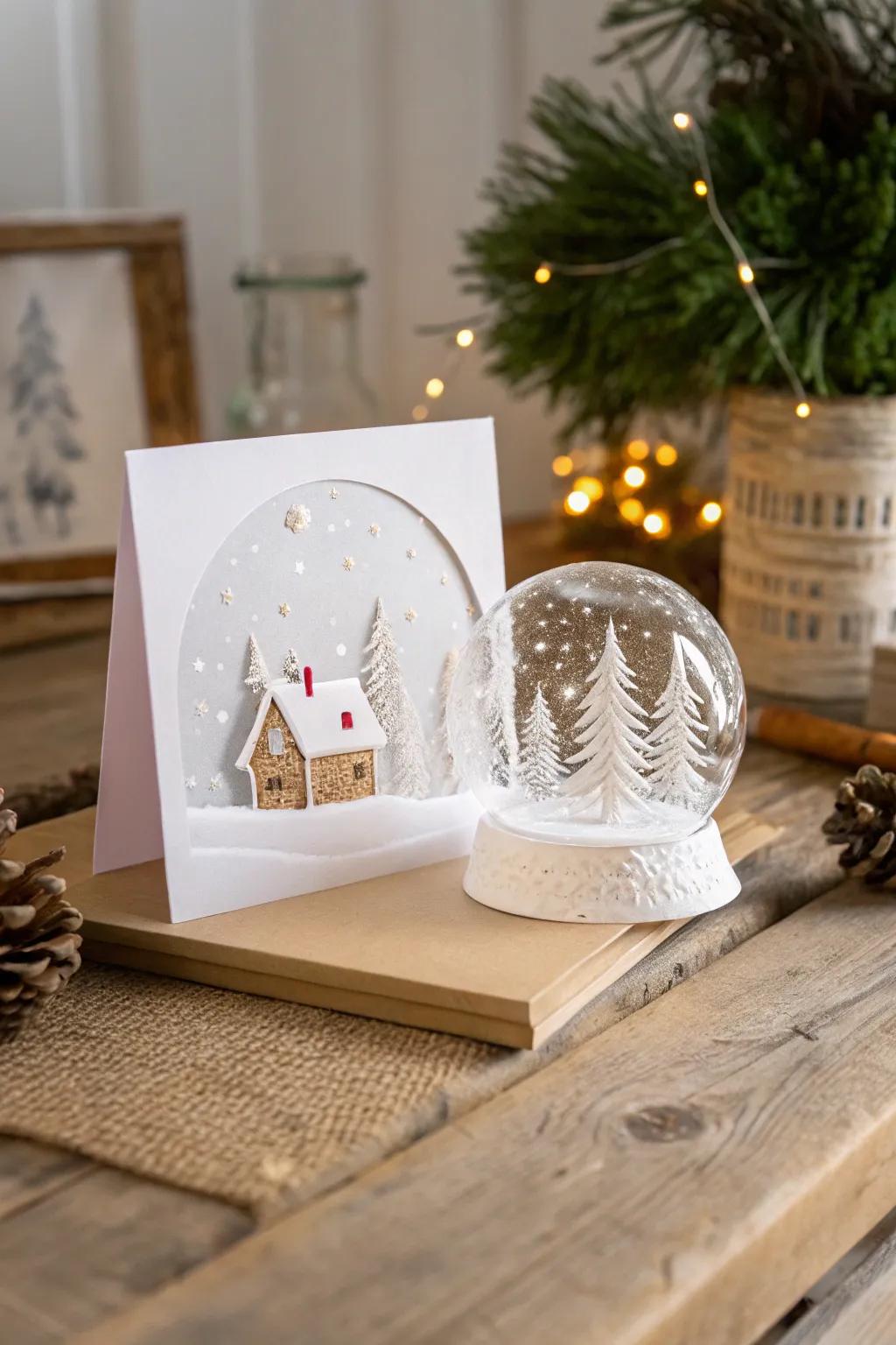 Capture the essence of winter wonder with this stunning pop-up snow globe card, a perfect blend of minimalist design and natural beauty.