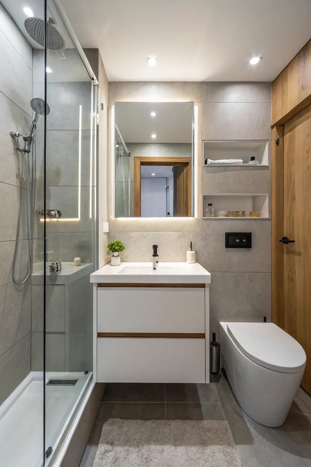 Suspended vanities deliver panache while economizing area.