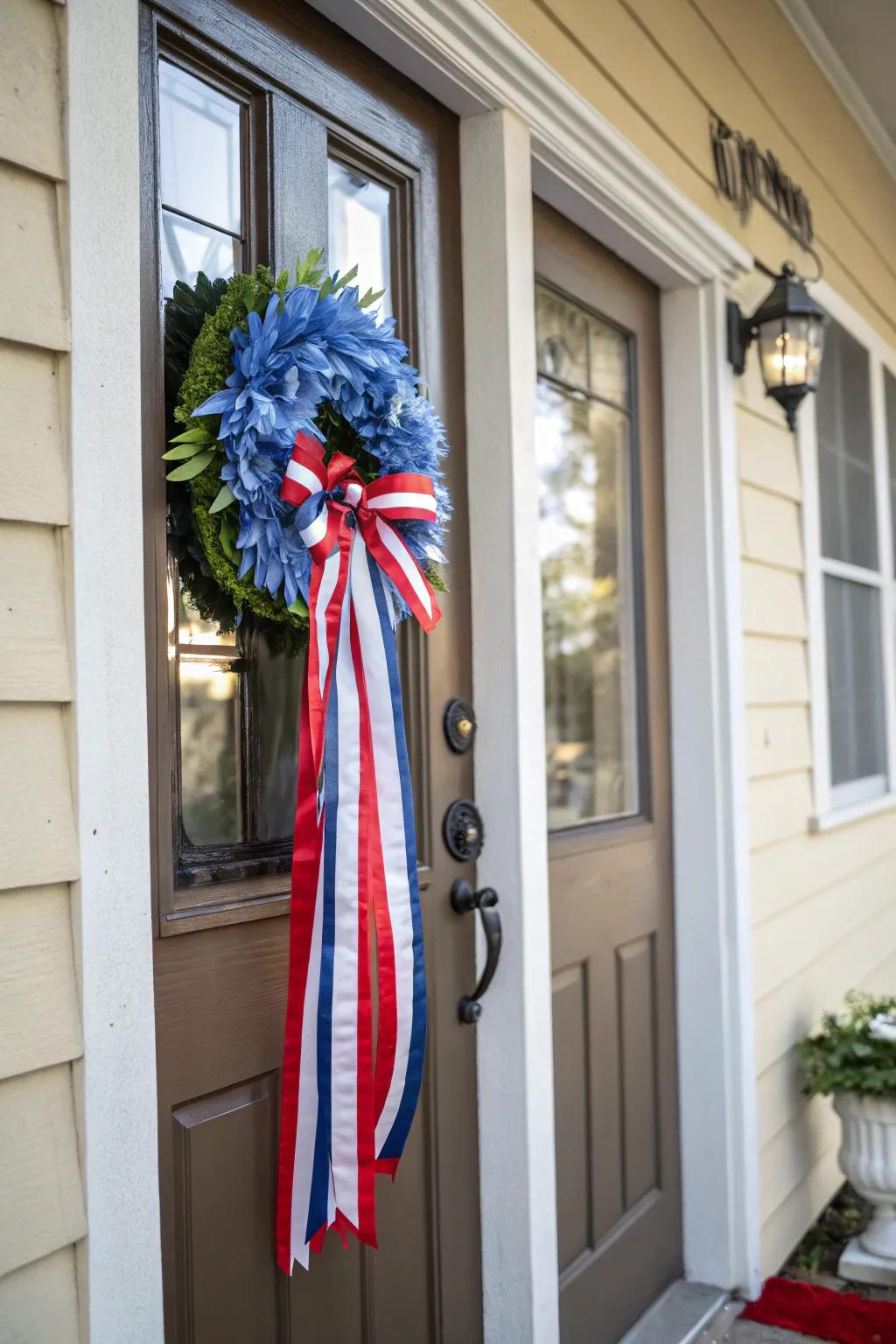 A DIY ribbon chaplet welcomes guests using patriotic flair.
