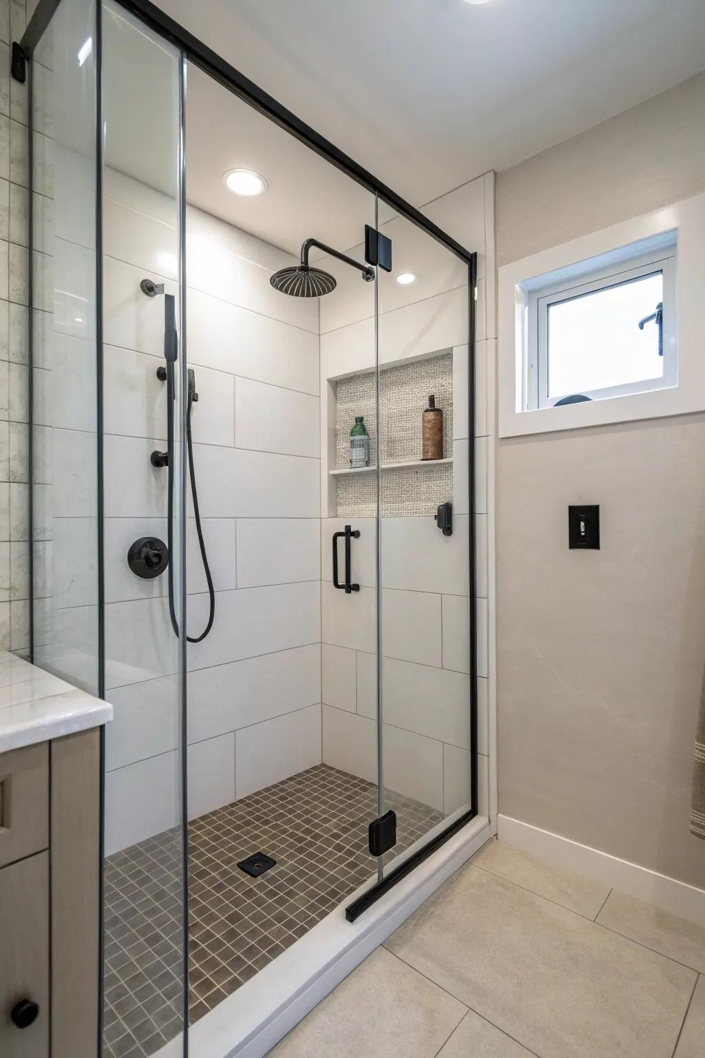 Modern fixtures lend elegance and practicality to a small shower.