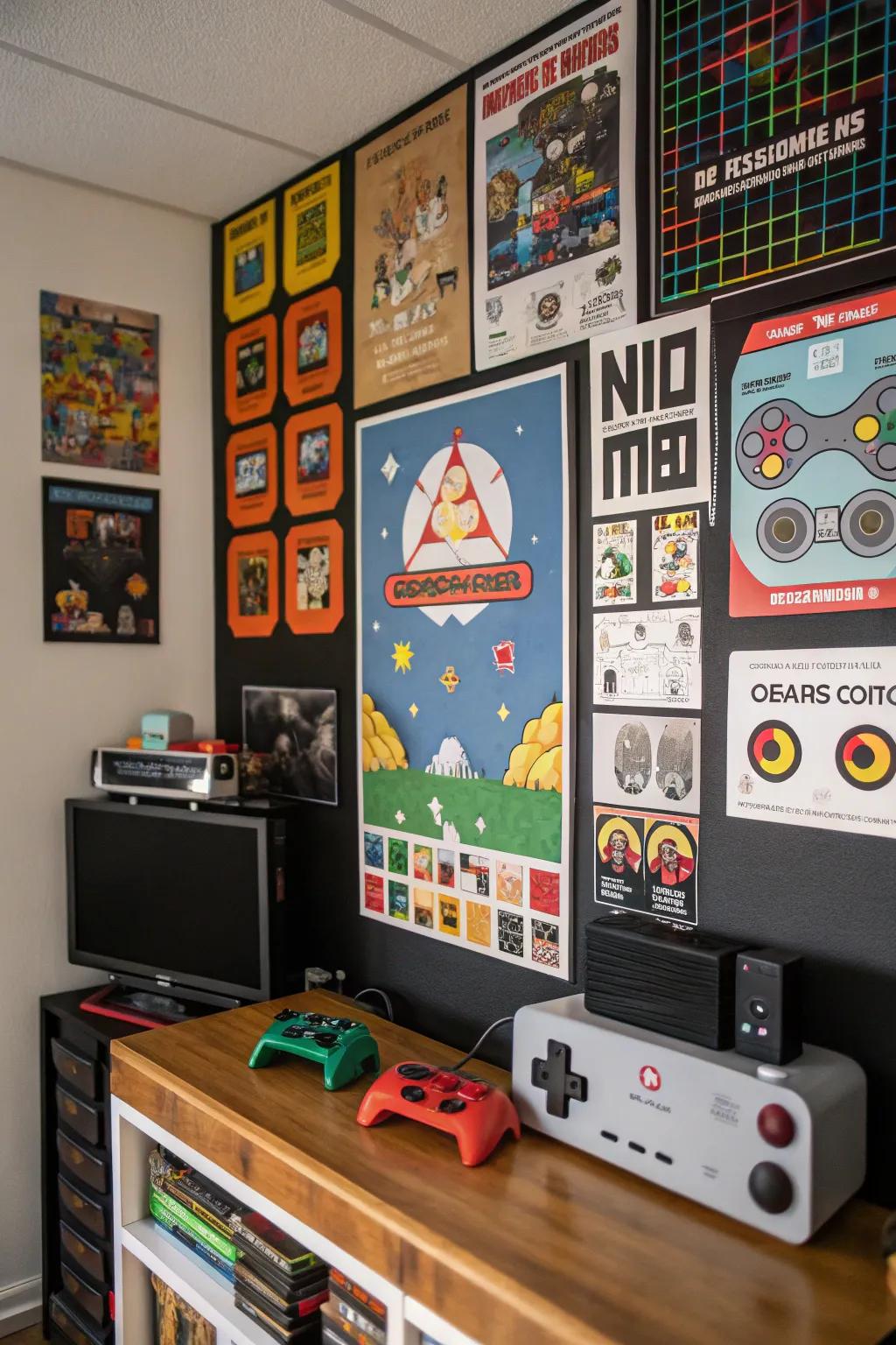 Retro video game graphics showcased on a gaming-themed pinboard.