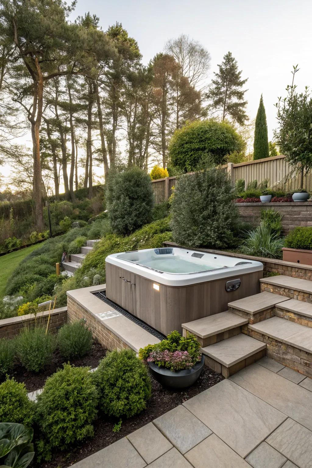Multi-level landscaping adds depth and interest to your hot tub area.
