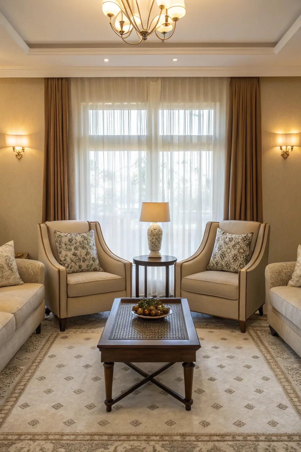 Symmetrical chairs establish a balanced and harmonious space.