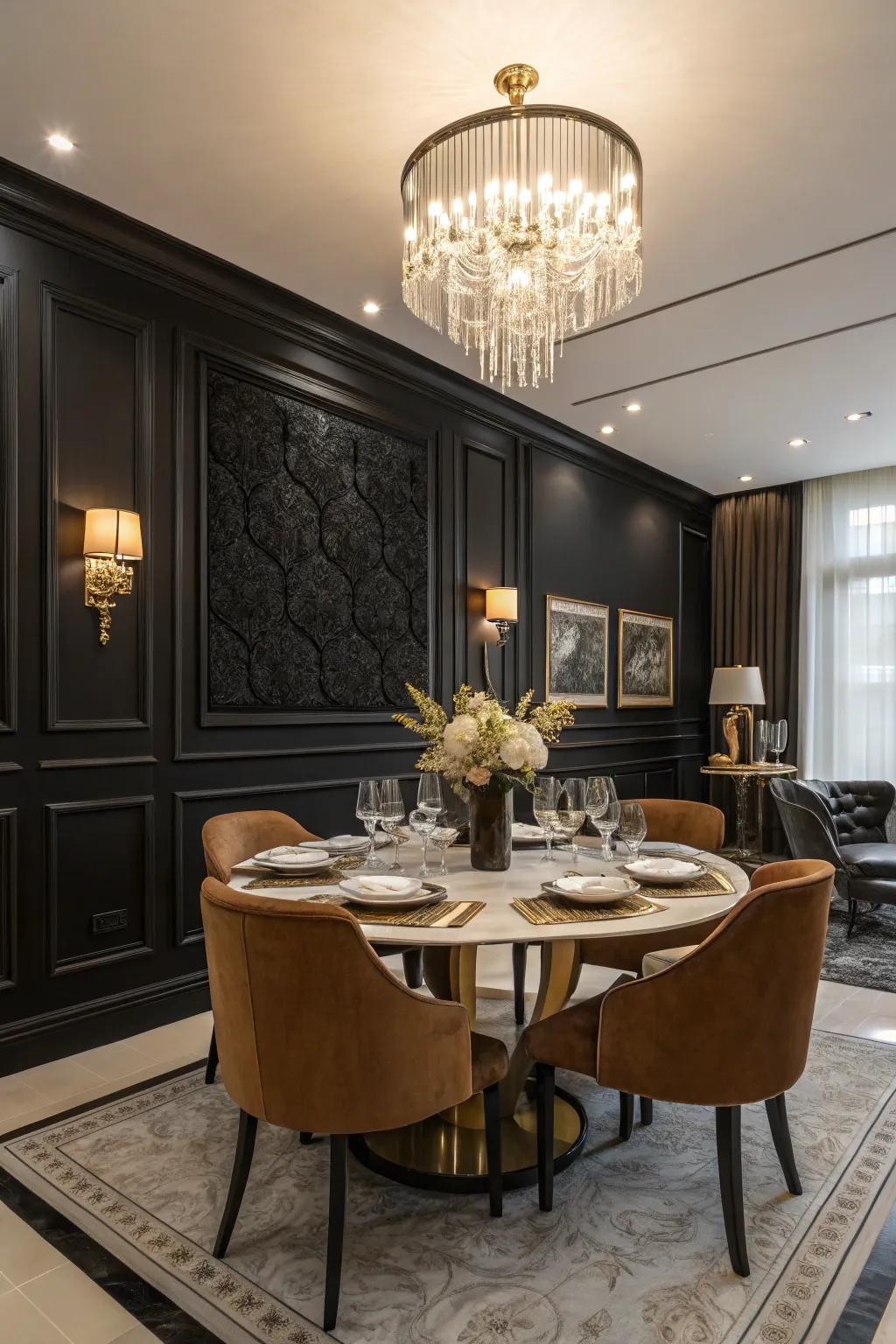 Black accent walls create a striking and stylish expression.