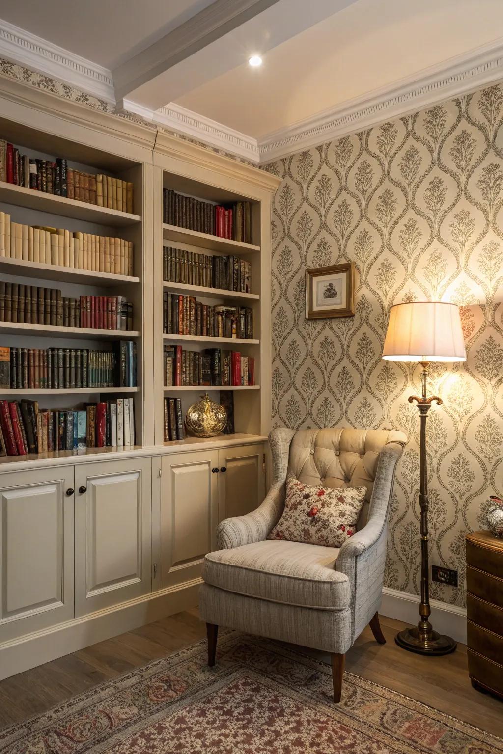 Classic wallpaper adds refinement to a cozy home library.