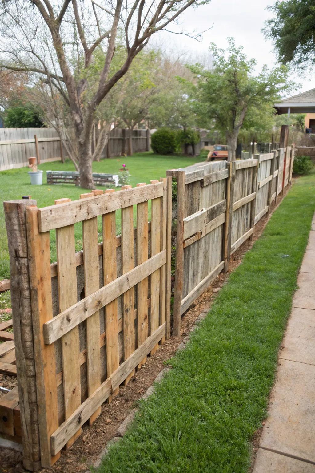 Upcycled wood pallets create environmentally friendly fencing.