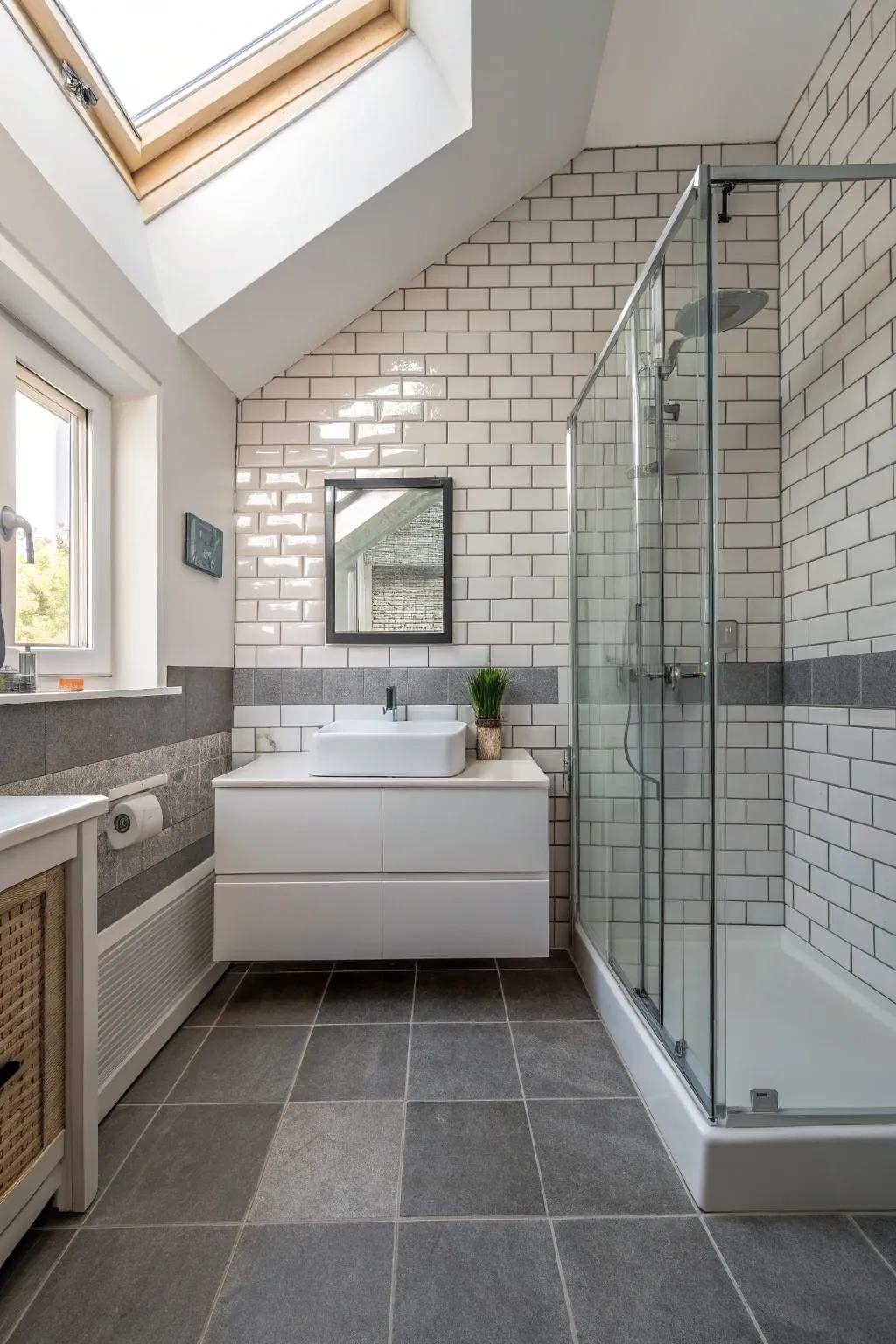 Ceiling-height tiles create a dramatic and luxurious feel.