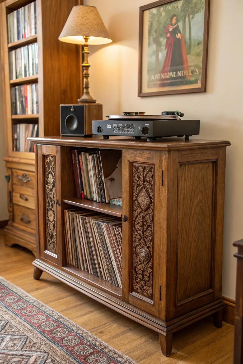 A vintage sideboard cleverly repurposed for vinyl record storage.