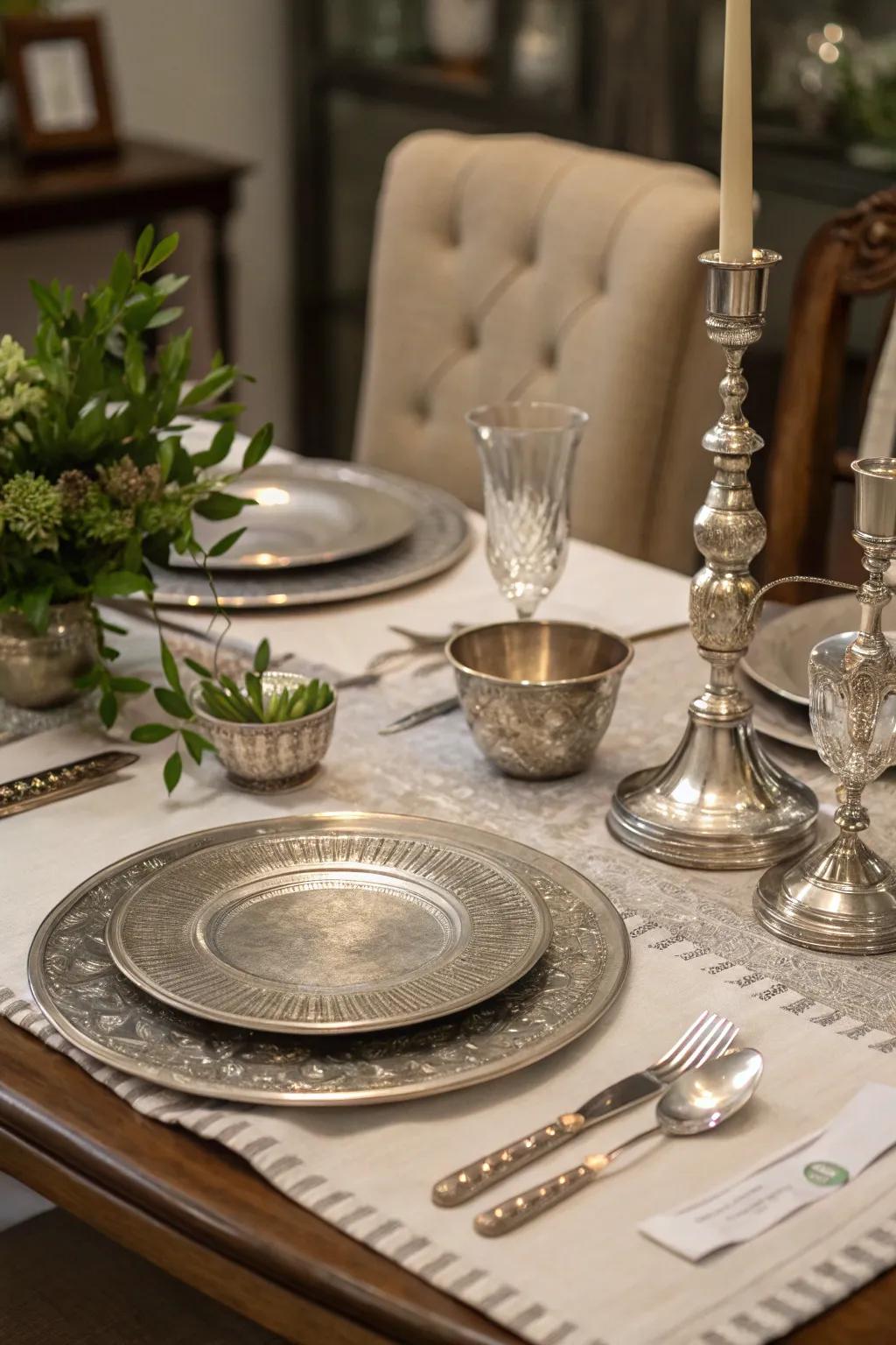 Tin accents injecting a hint of elegance to a colonial eating setting.
