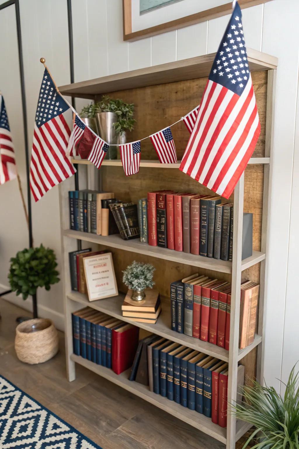 Shelves styled with Stars and Stripes accents and patriotic reads add a personal narrative.