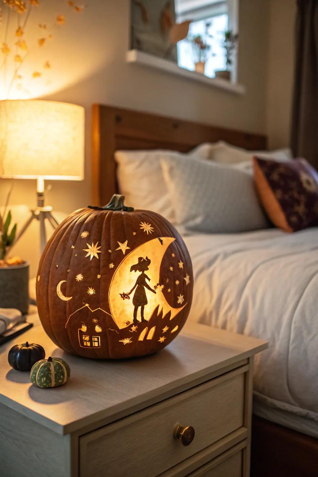 Create tranquility with a pumpkin featuring an anime-inspired night scene.