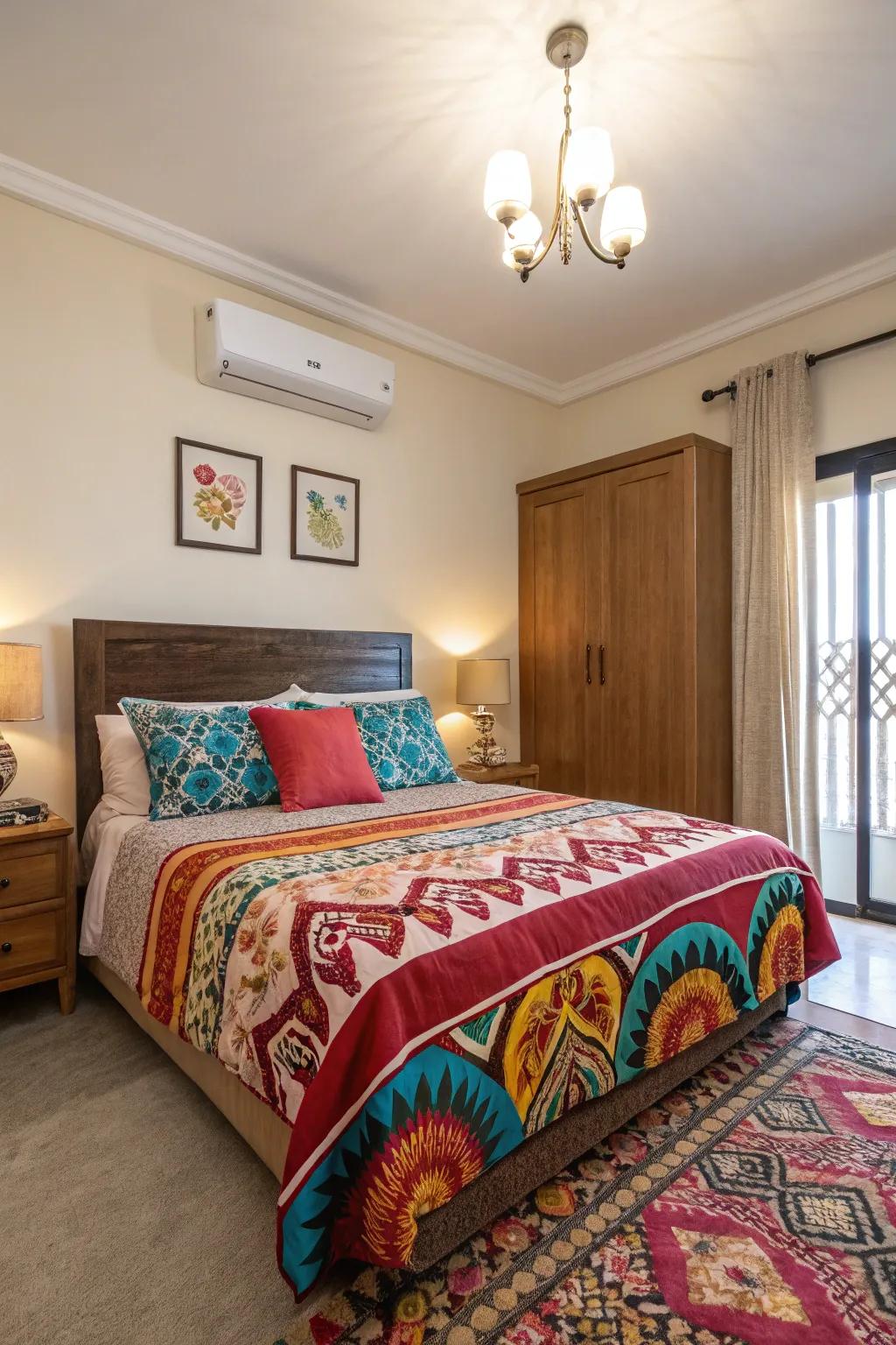 An apartment bedroom brought to life with bold and colorful bedding.