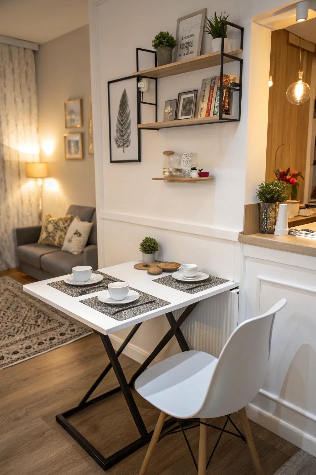 Wall-affixed tables take full advantage of floor space.