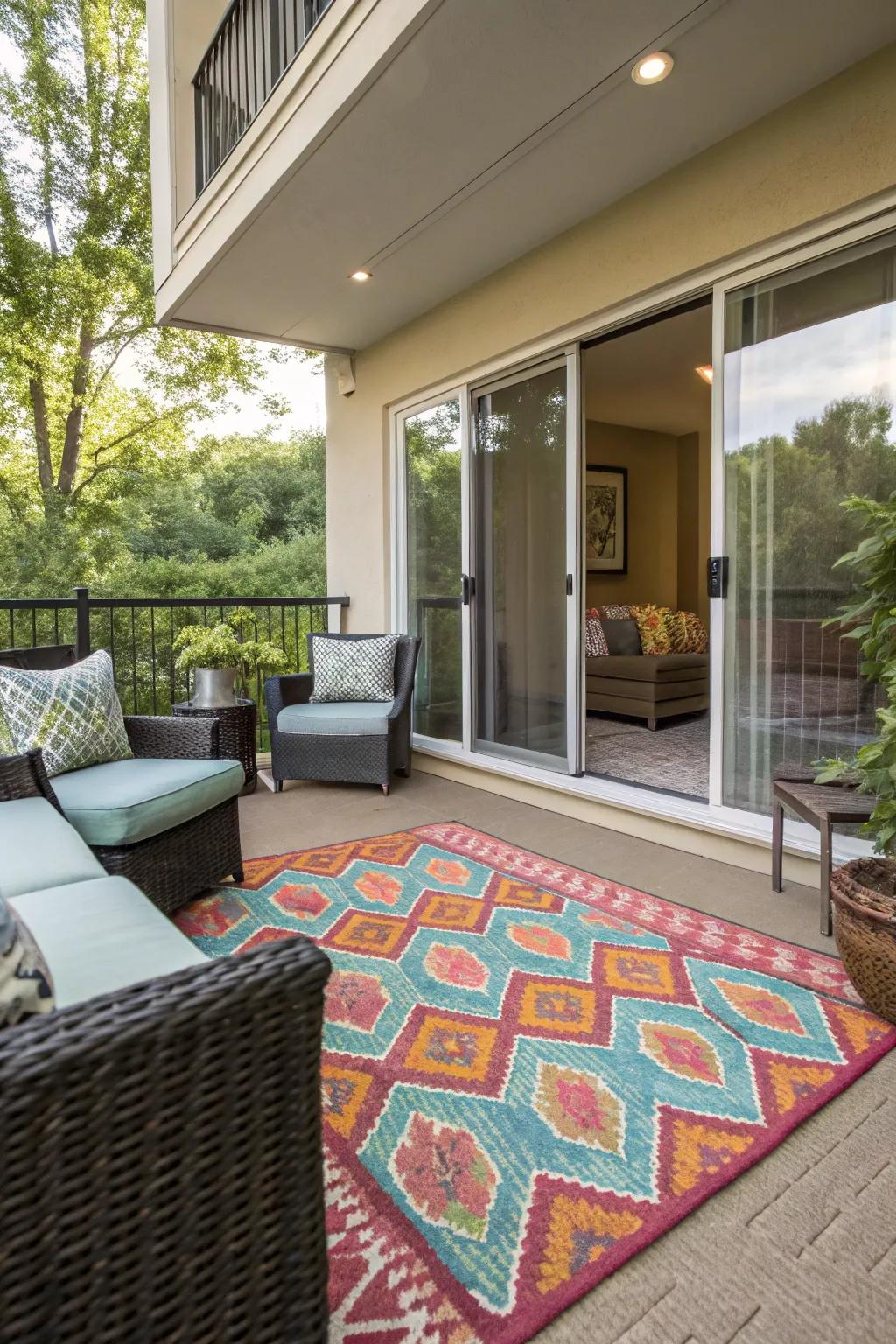 A decorative rug incorporates comfort and fashion to the patio.