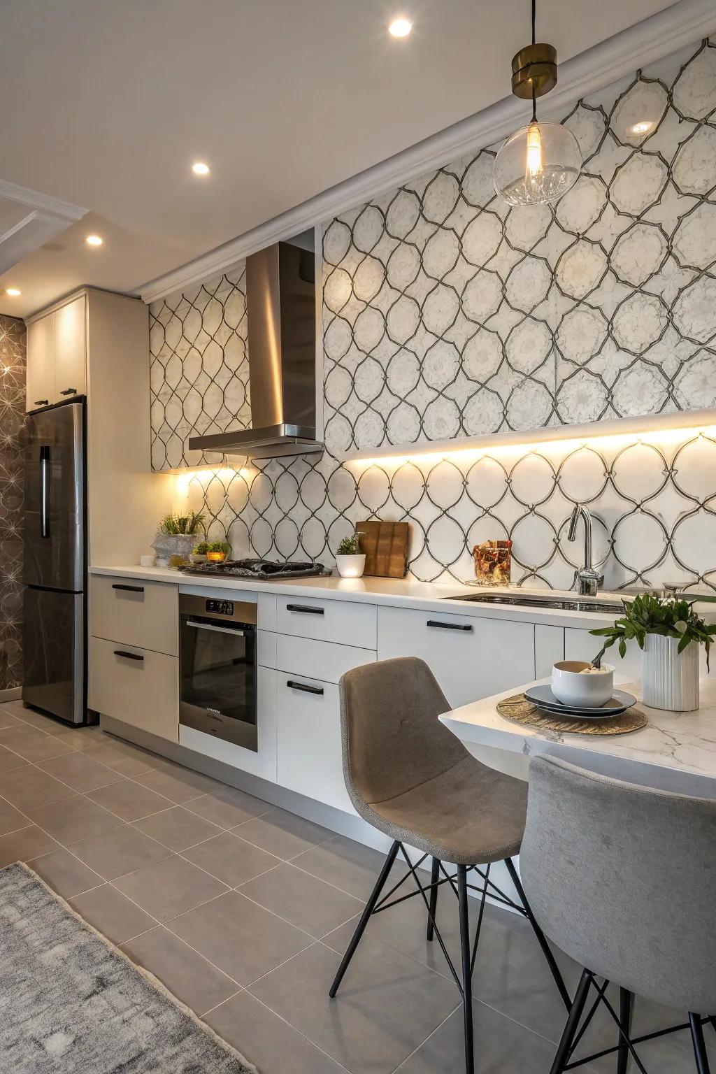 A modern kitchen featuring a vibrant combination of glossy and matte arabesque tiles.